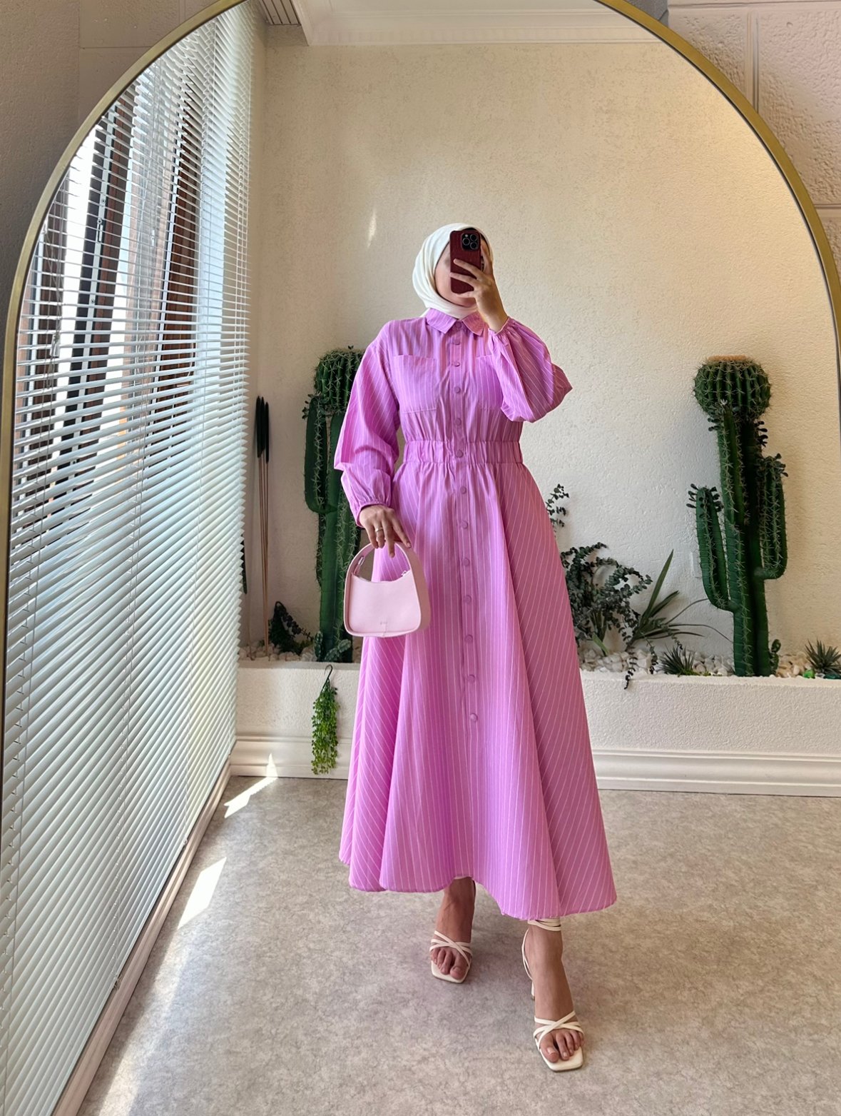 Çizgili Gömlek Elbise Pembe