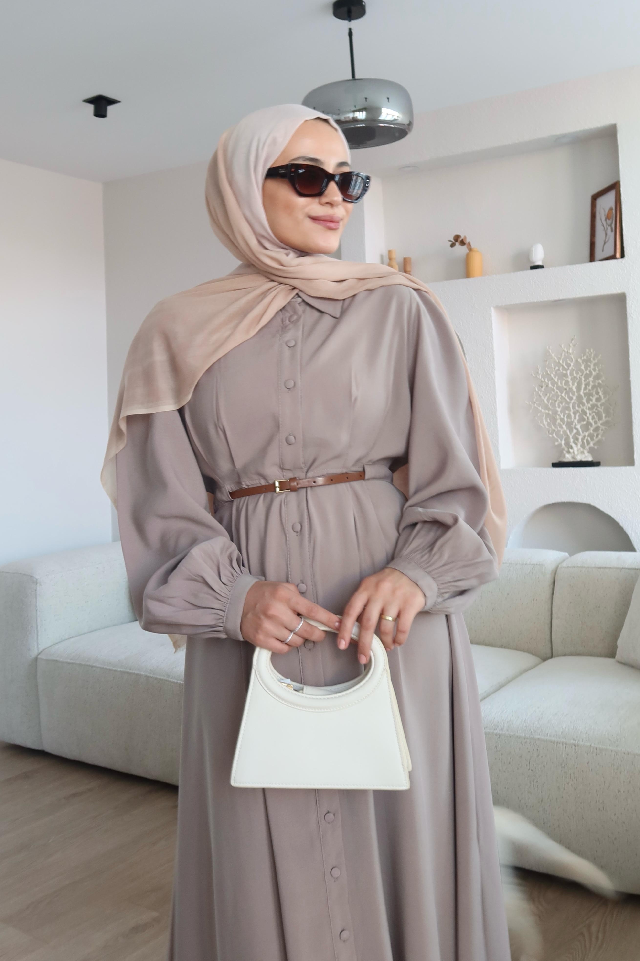 Premium Kumaş Kemerli Elbise Vizon 
