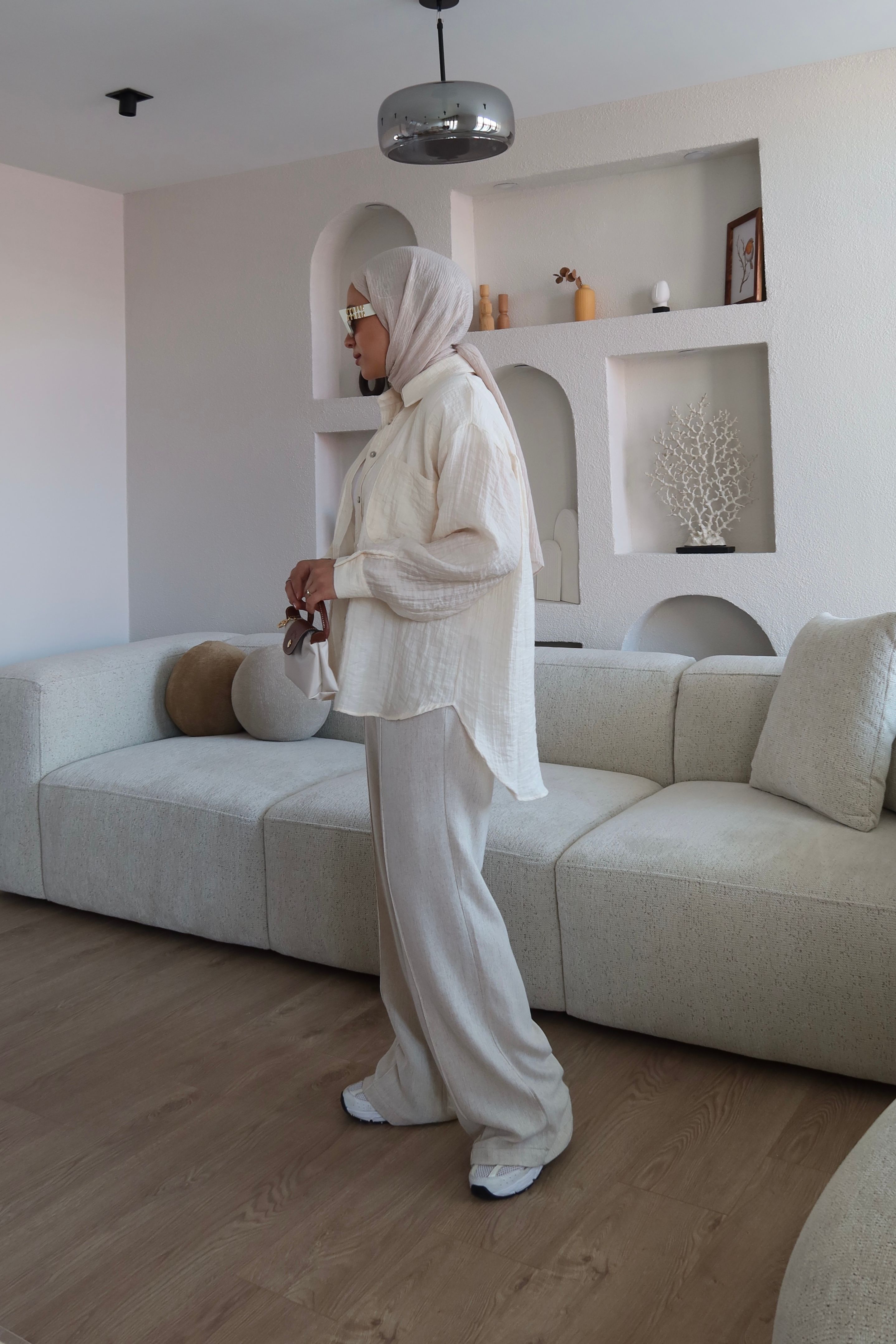 Kabartma Kumaş Oversize Gömlek Krem