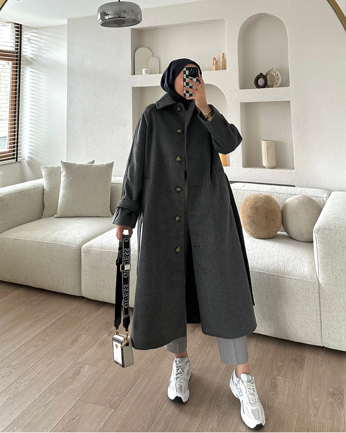 Önü Düğmeli Kuşaklı Premium Kaban Antrasit main variant image