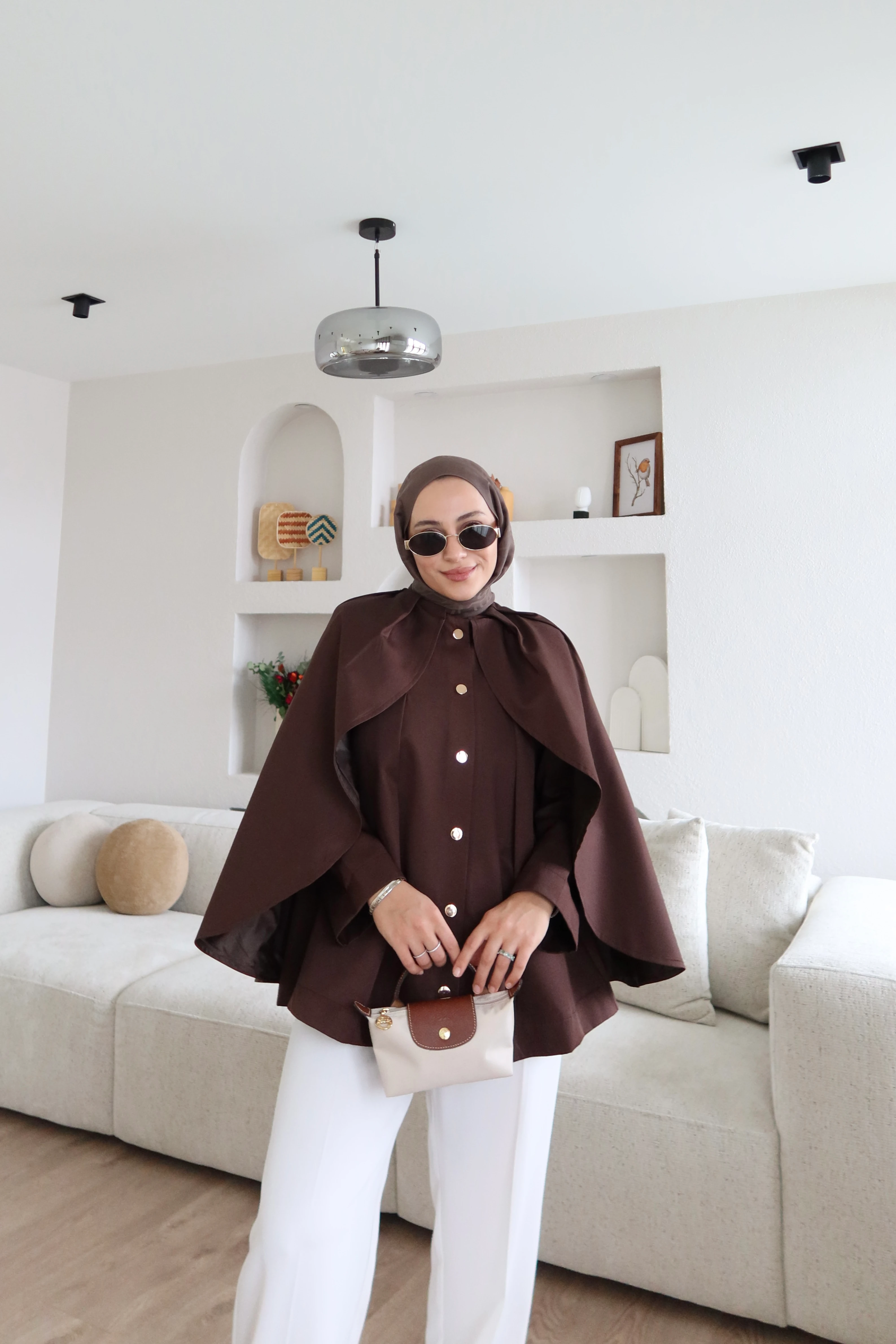 Gabardine Fabric Short Trench Coat with Cape – Brown