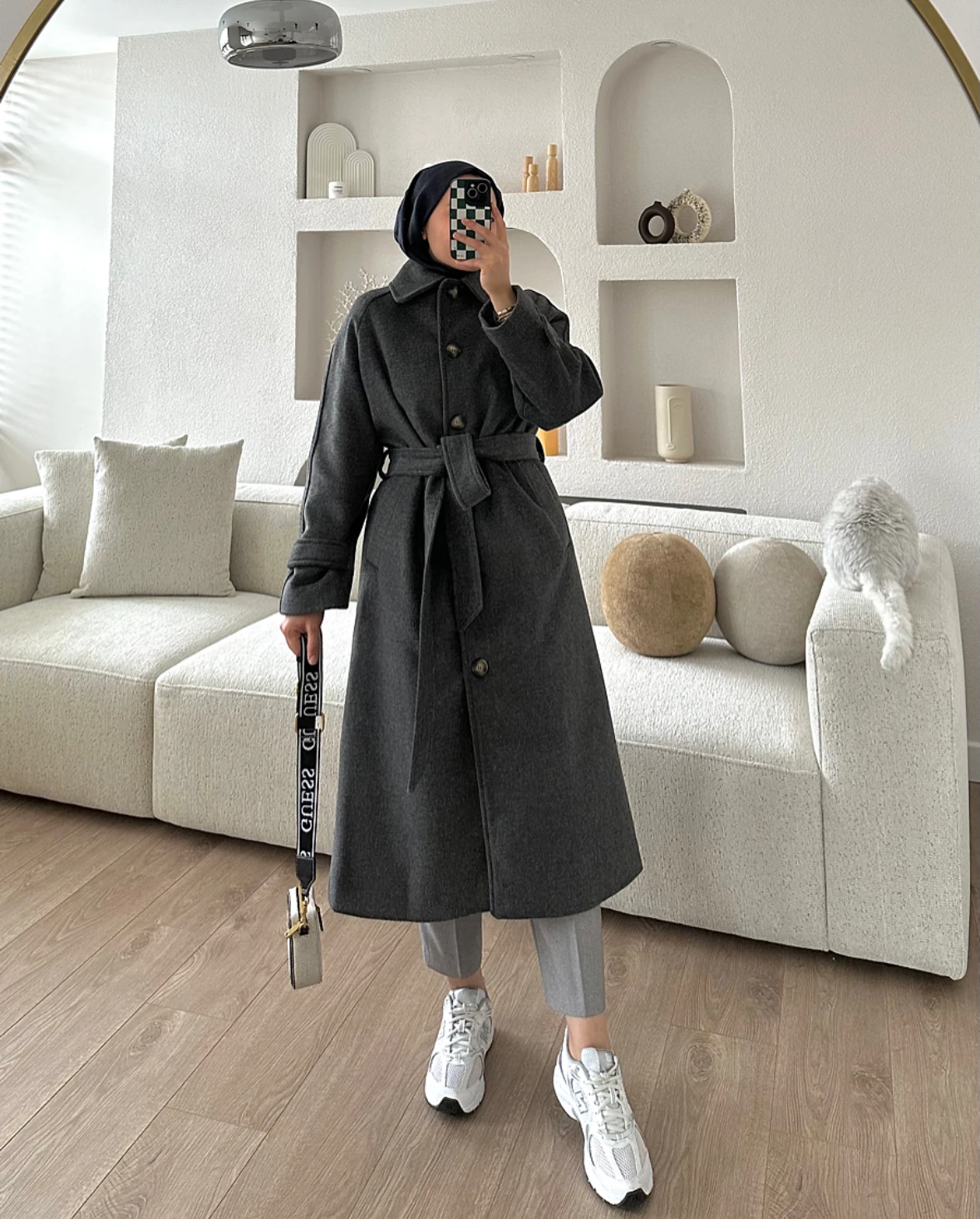 Önü Düğmeli Kuşaklı Premium Kaban Antrasit