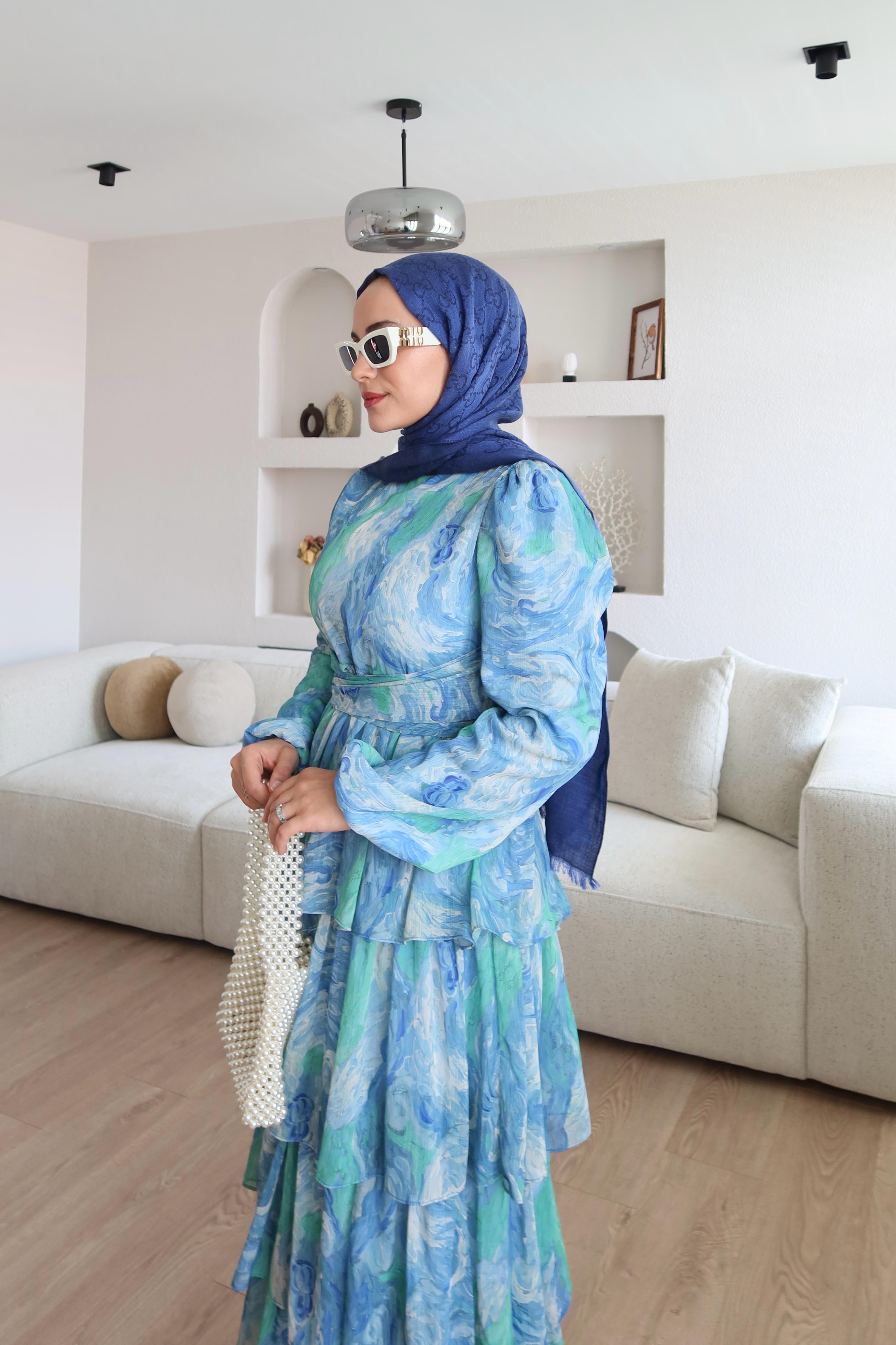 Eliora Katlı Fırfırlı Desenli Şifon Elbise Lacivert