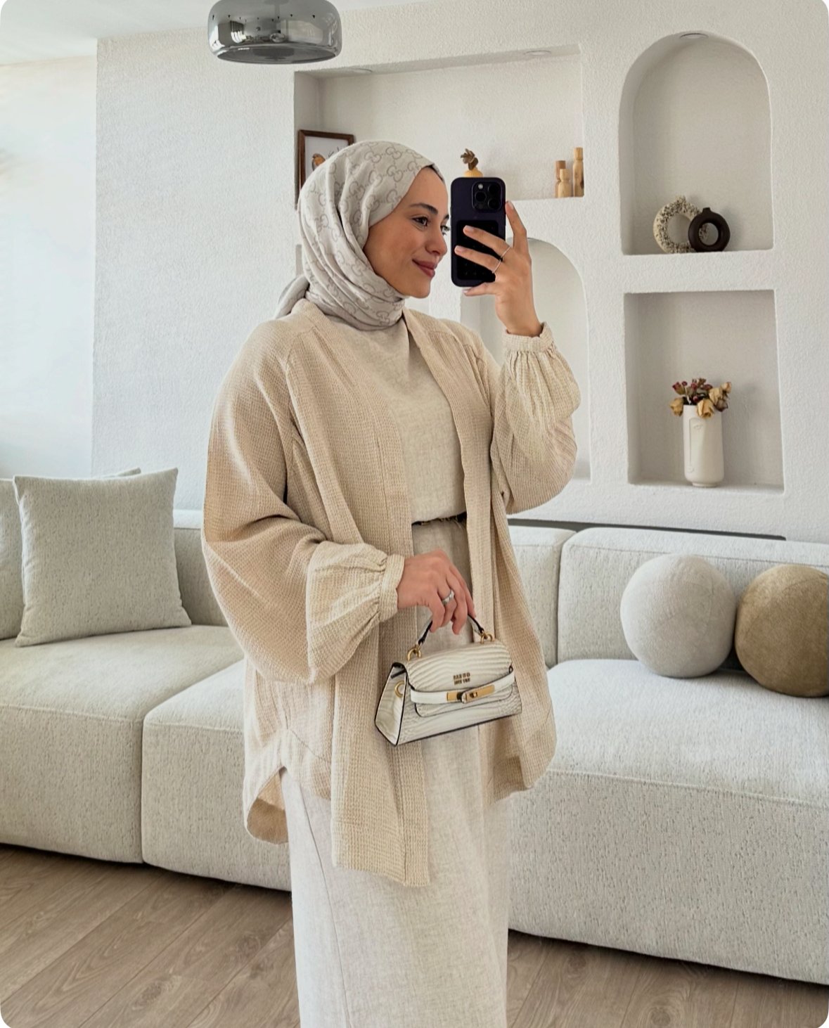 Natural Kimono Bej X Dökümlü Keten Jile Taş Kombin İndirimi
