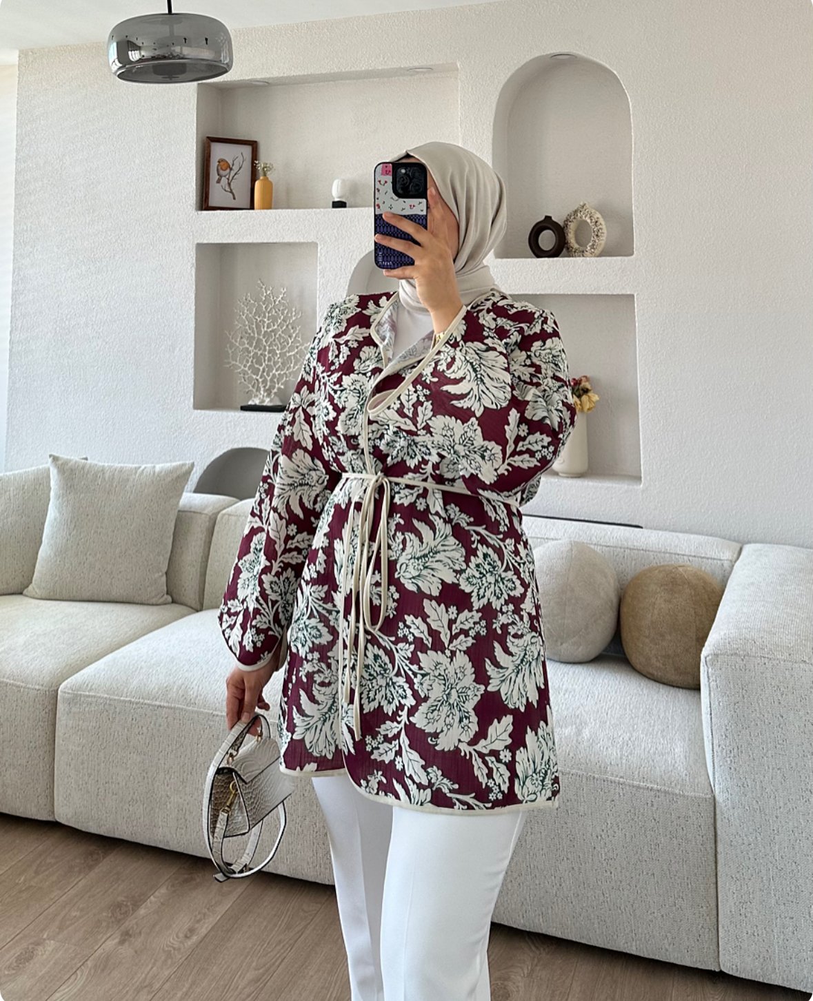 Kemerli Kimono Mürdüm X Beyaz Pantolon Kombin İndirimi