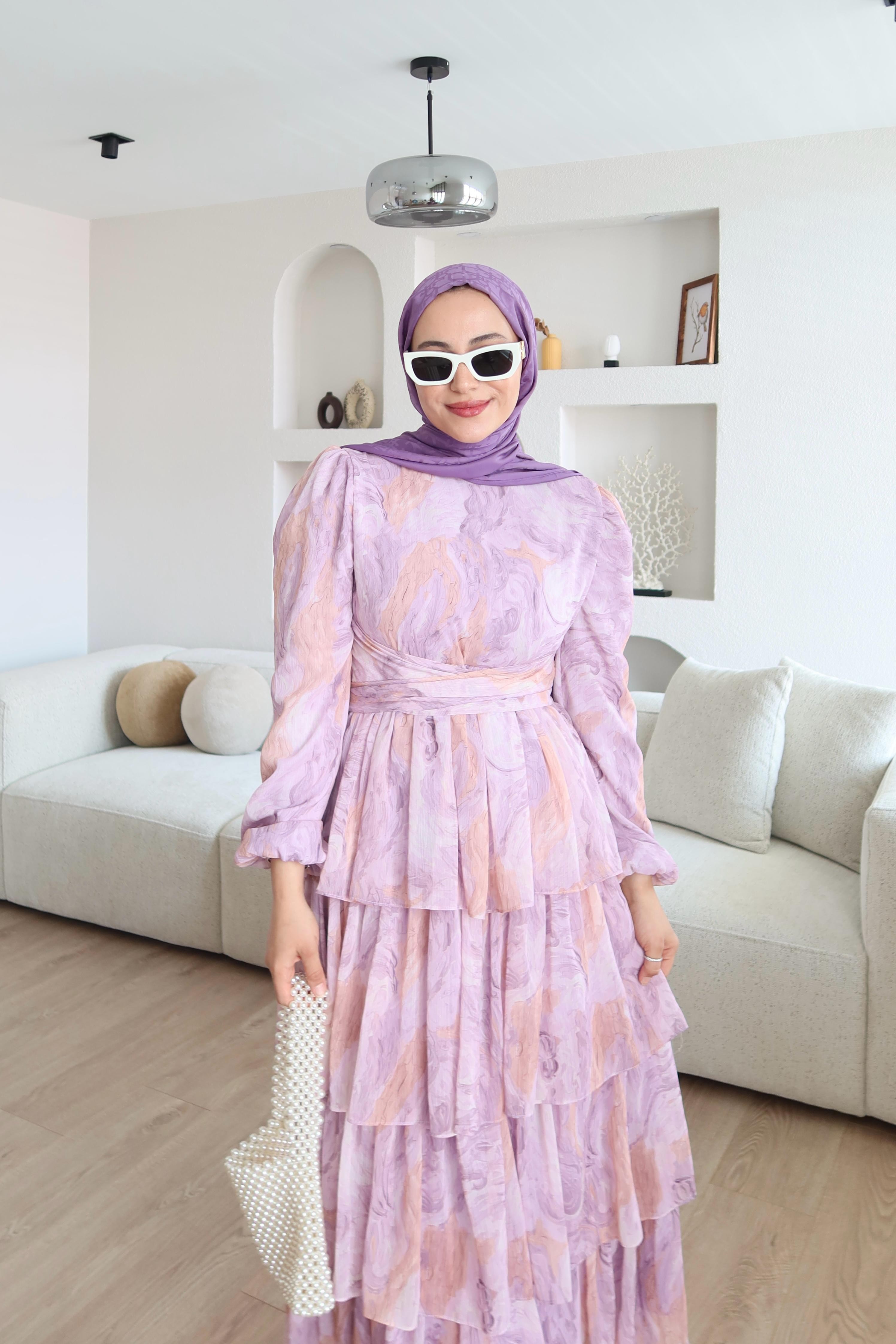 Eliora Katlı Fırfırlı Desenli Elbise Pembe 