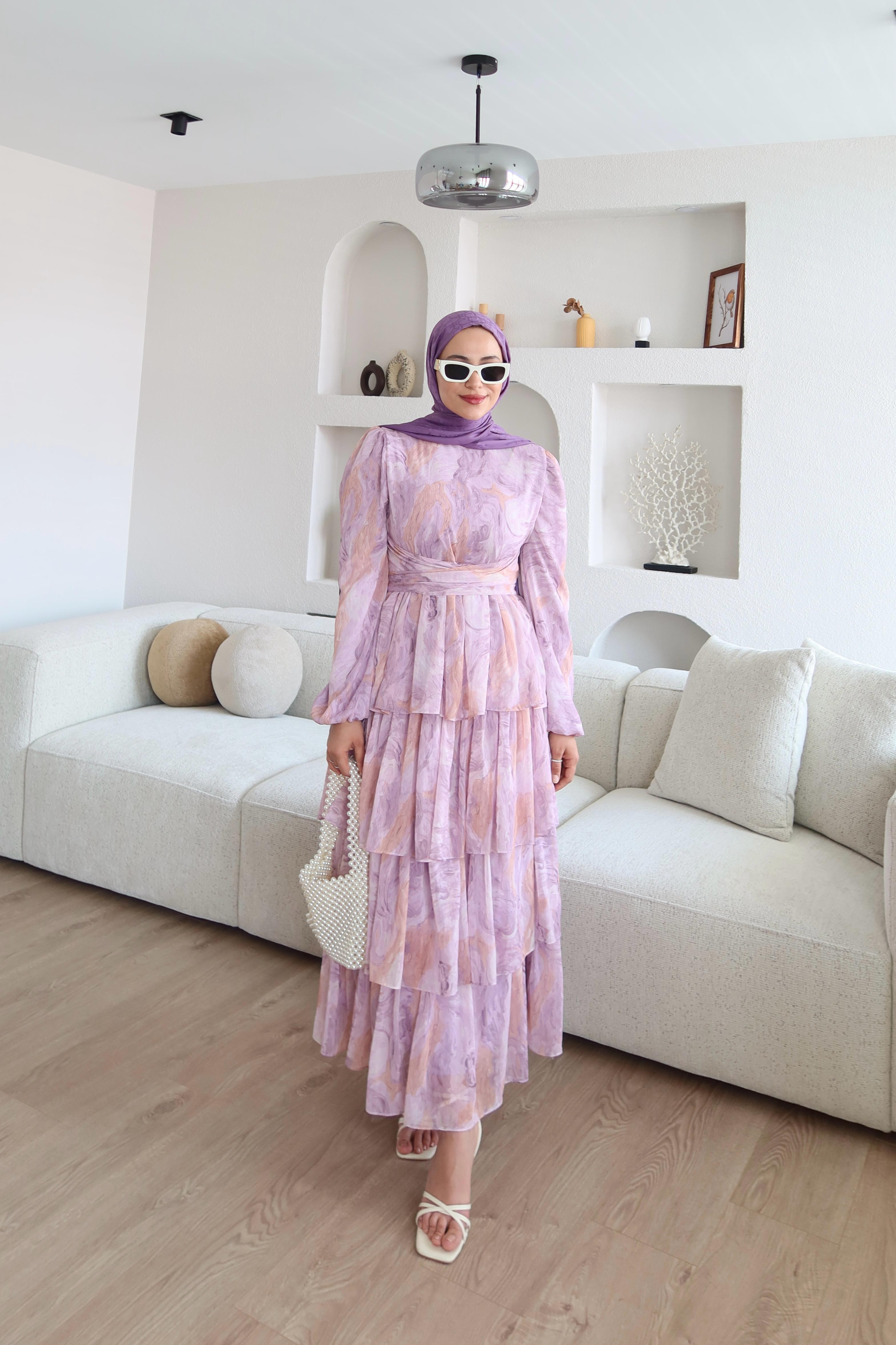 Eliora Katlı Fırfırlı Desenli Elbise Pembe 