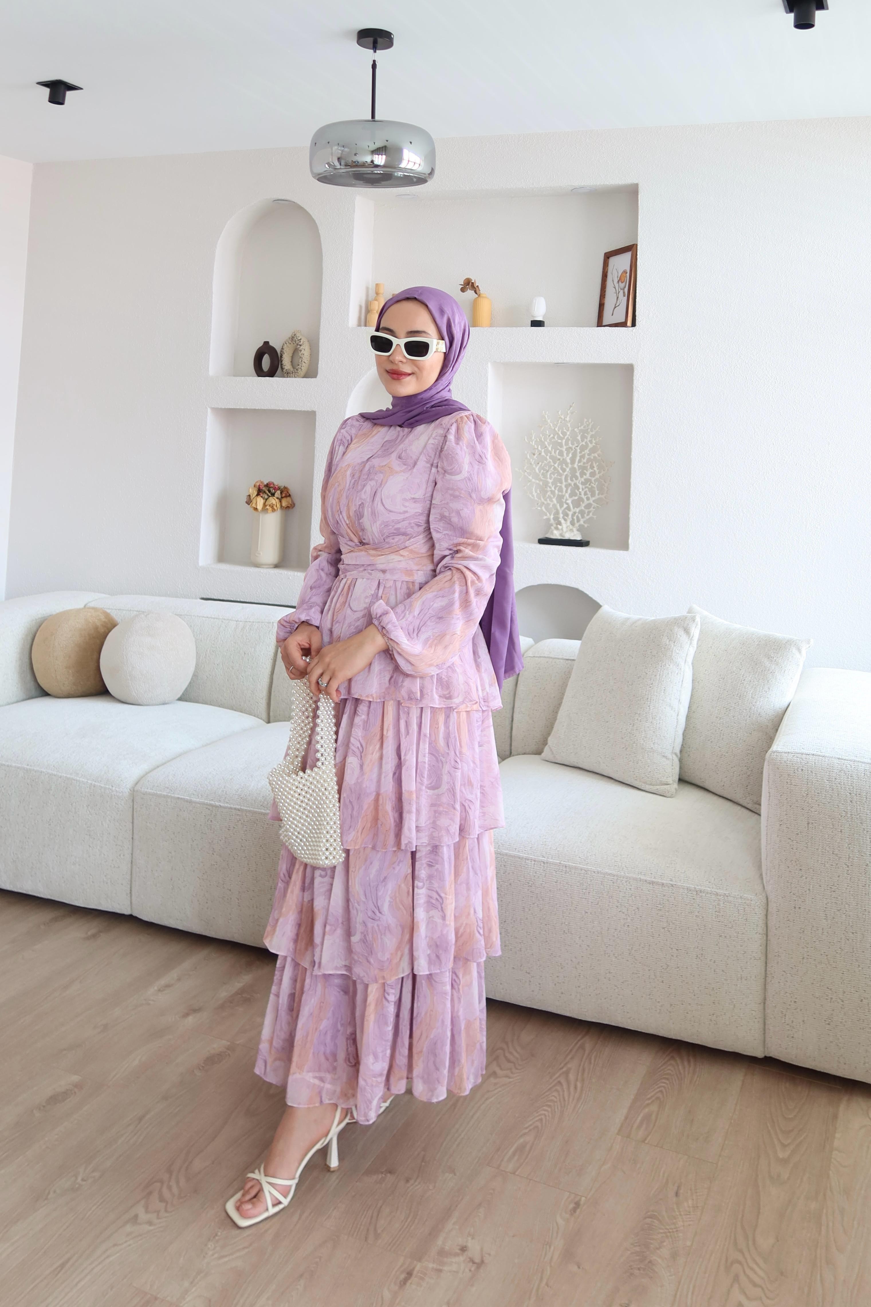 Eliora Katlı Fırfırlı Desenli Elbise Pembe 