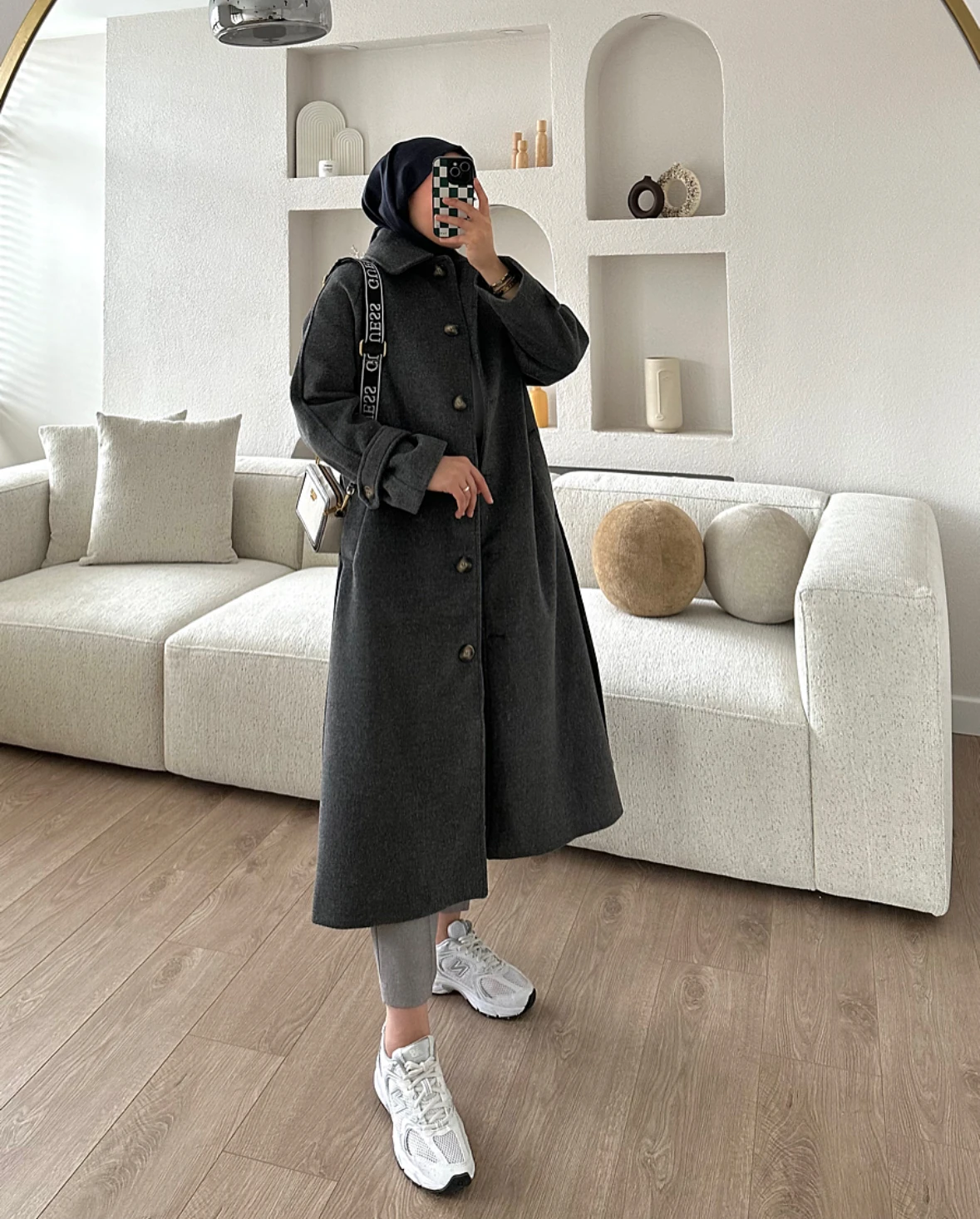 Önü Düğmeli Kuşaklı Premium Kaban Antrasit