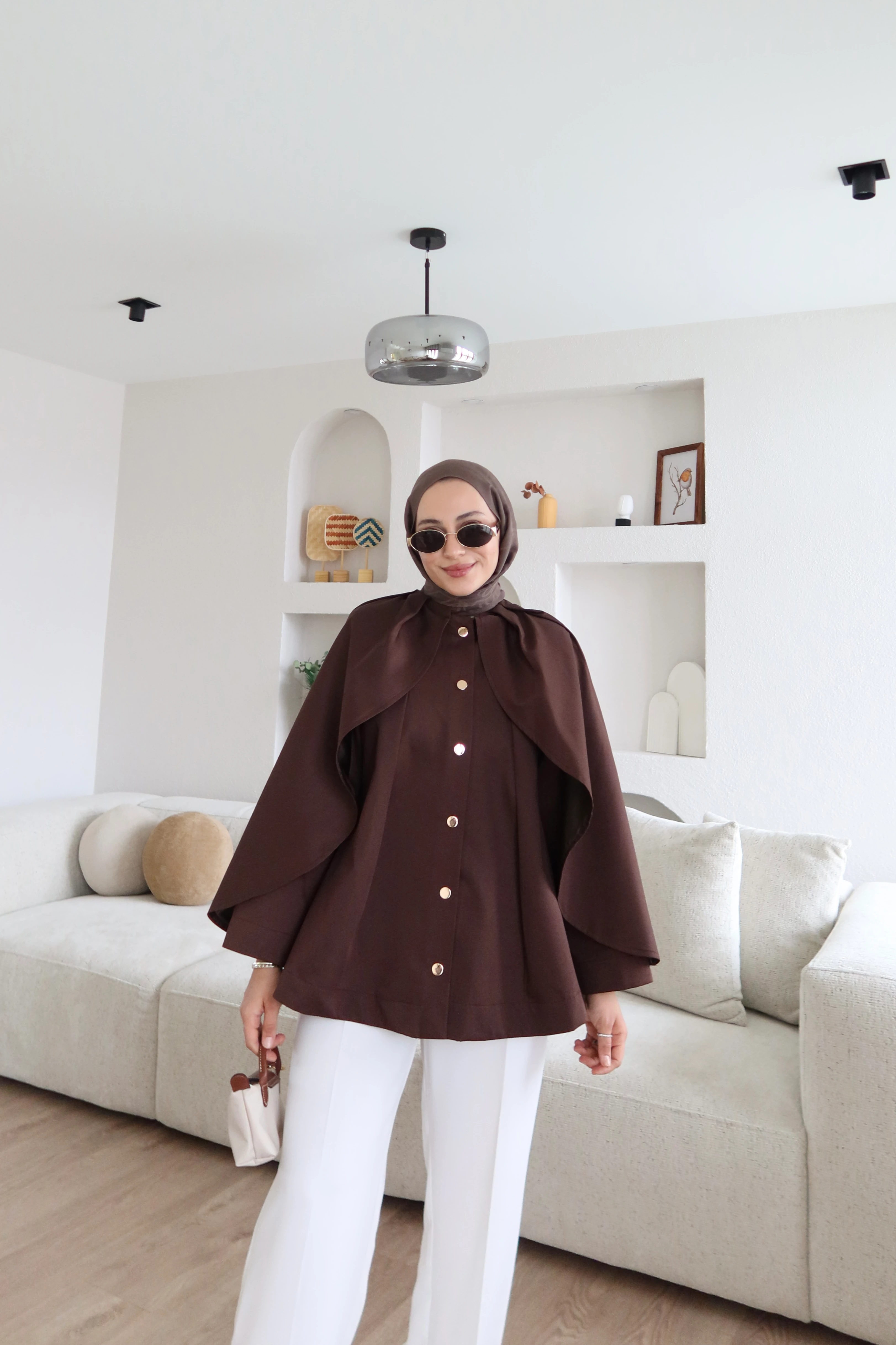 Gabardine Fabric Short Trench Coat with Cape – Brown