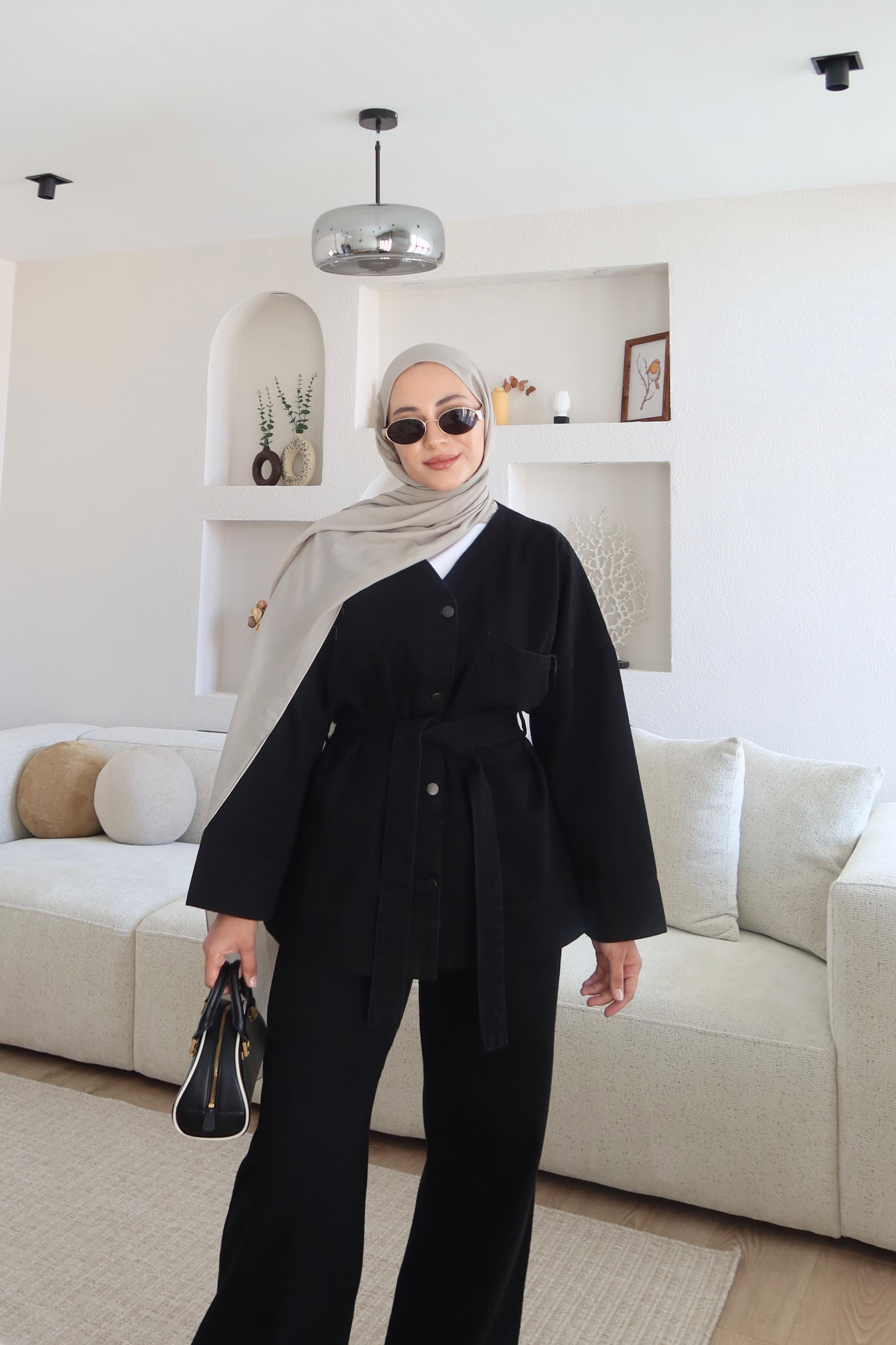 Kemerli Denim Takım Siyahh