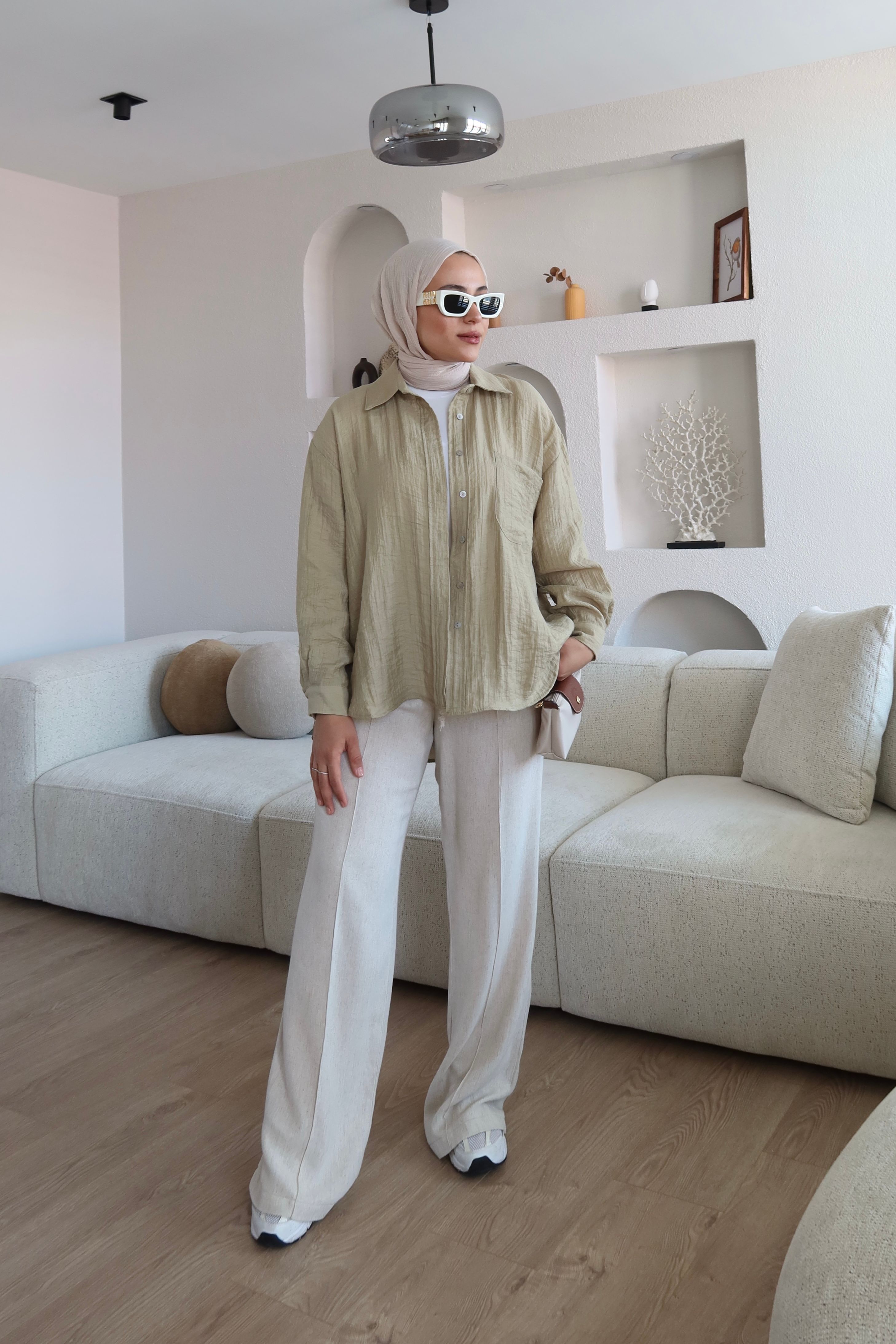 Kabartma Kumaş Oversize Gömlek Haki 
