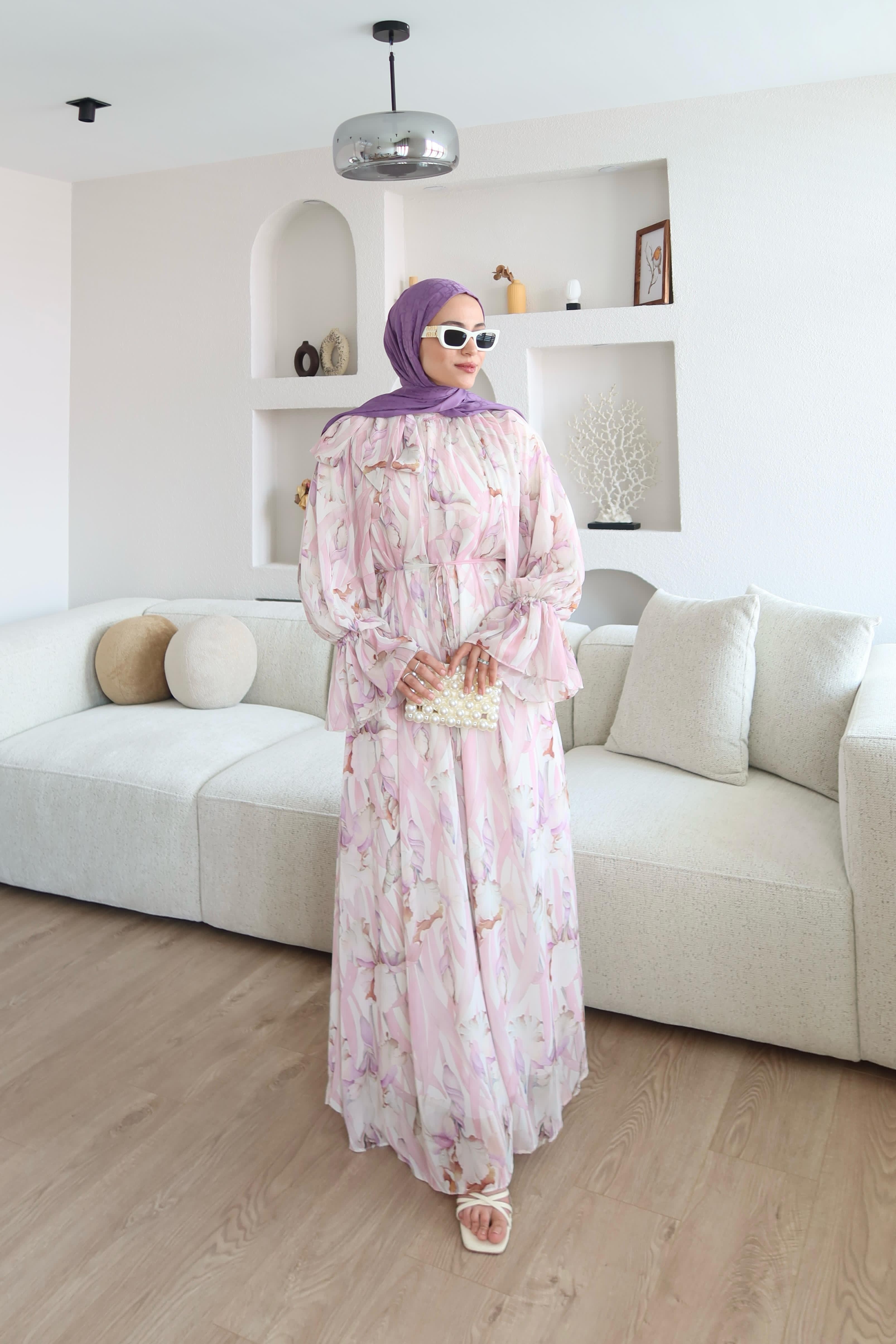 Dyla Desenli Şifon Elbise Pembe 