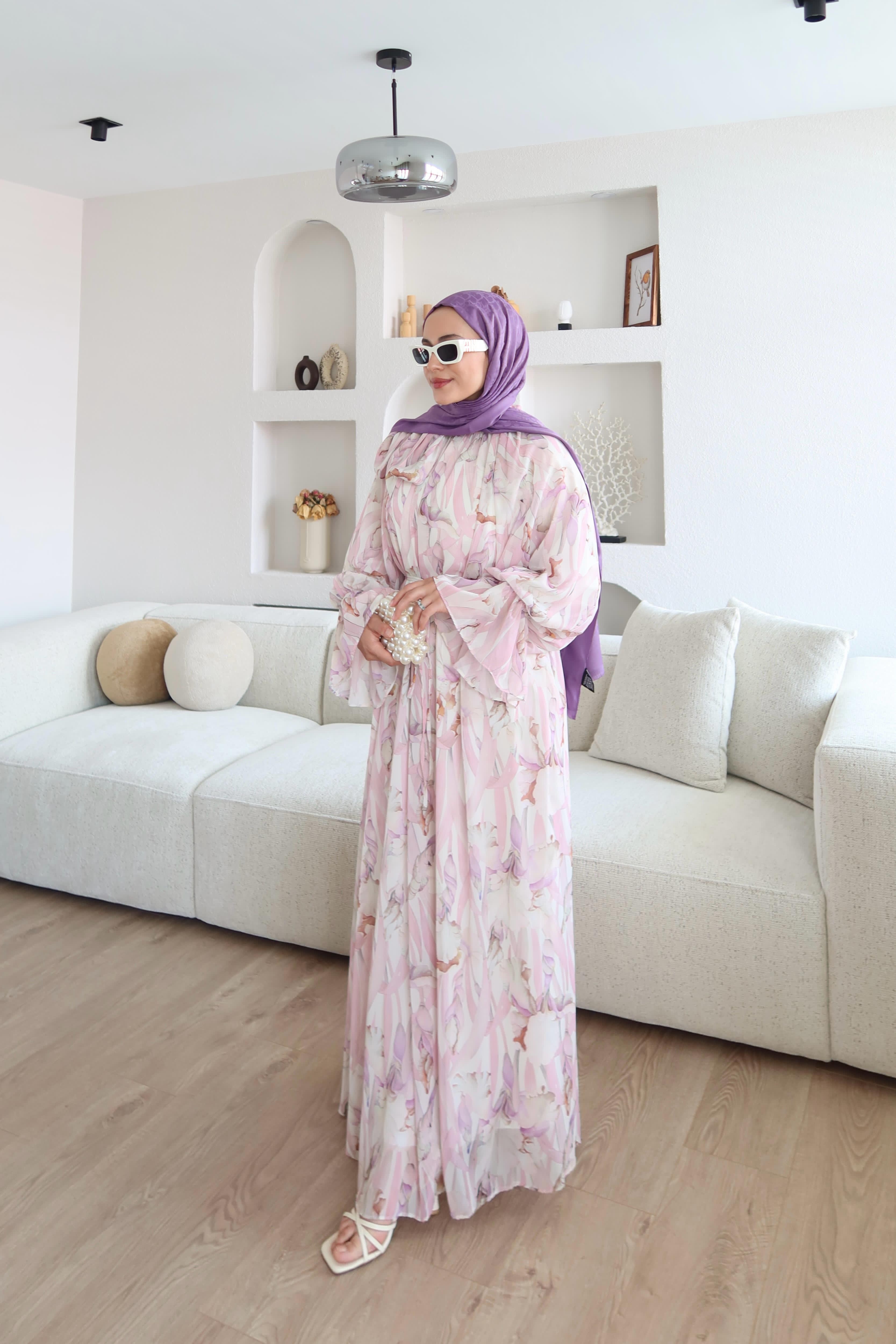 Dyla Desenli Şifon Elbise Pembe 