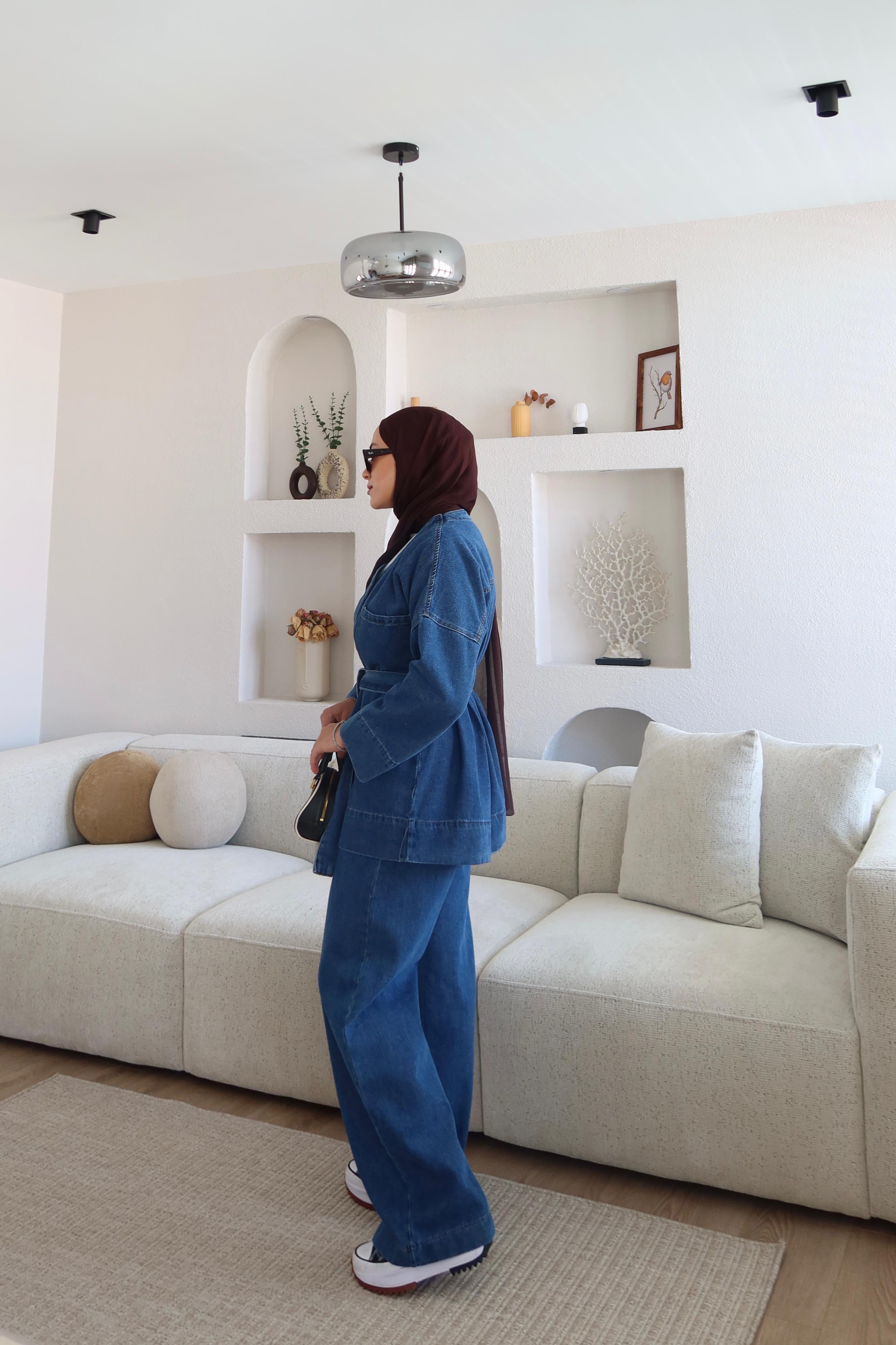 Kemerli Denim Takım Mavi 