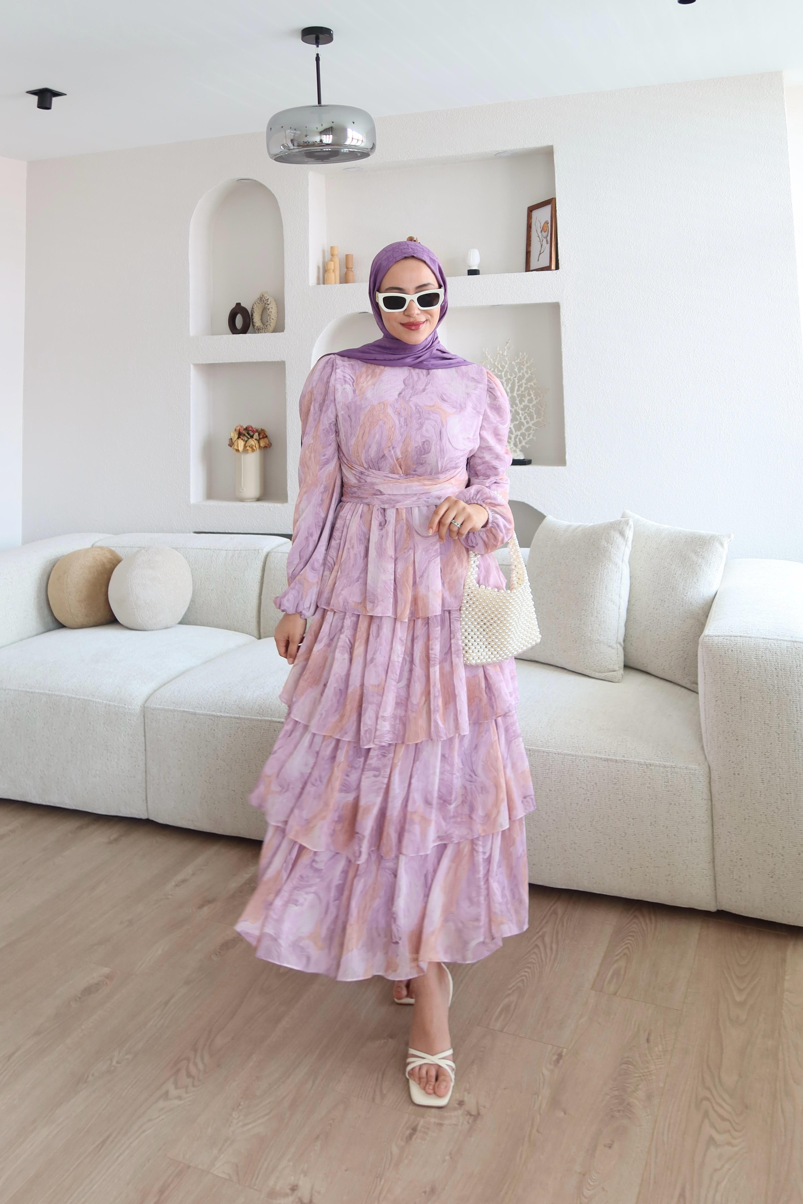 Eliora Katlı Fırfırlı Desenli Elbise Pembe  image