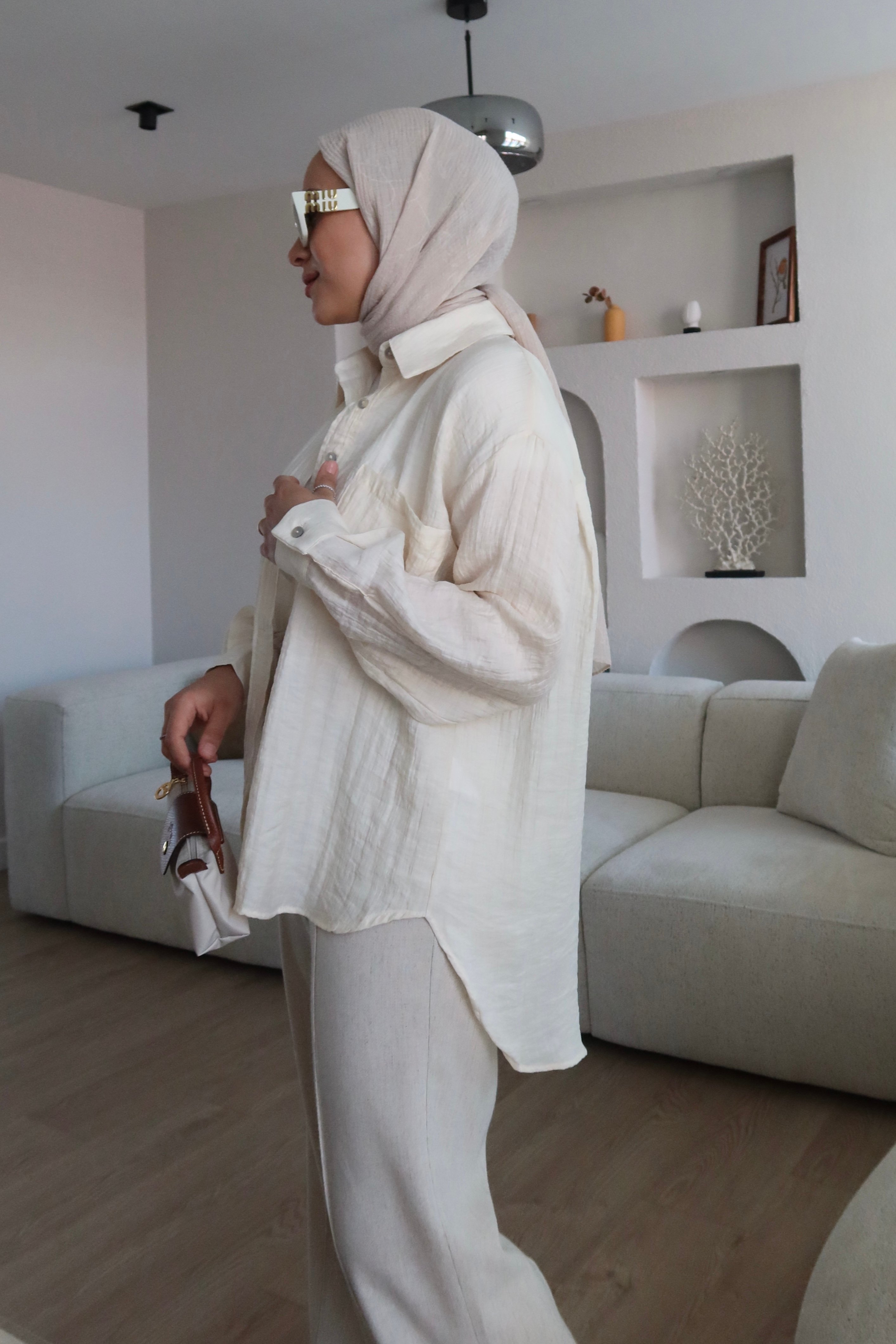Kabartma Kumaş Oversize Gömlek Krem