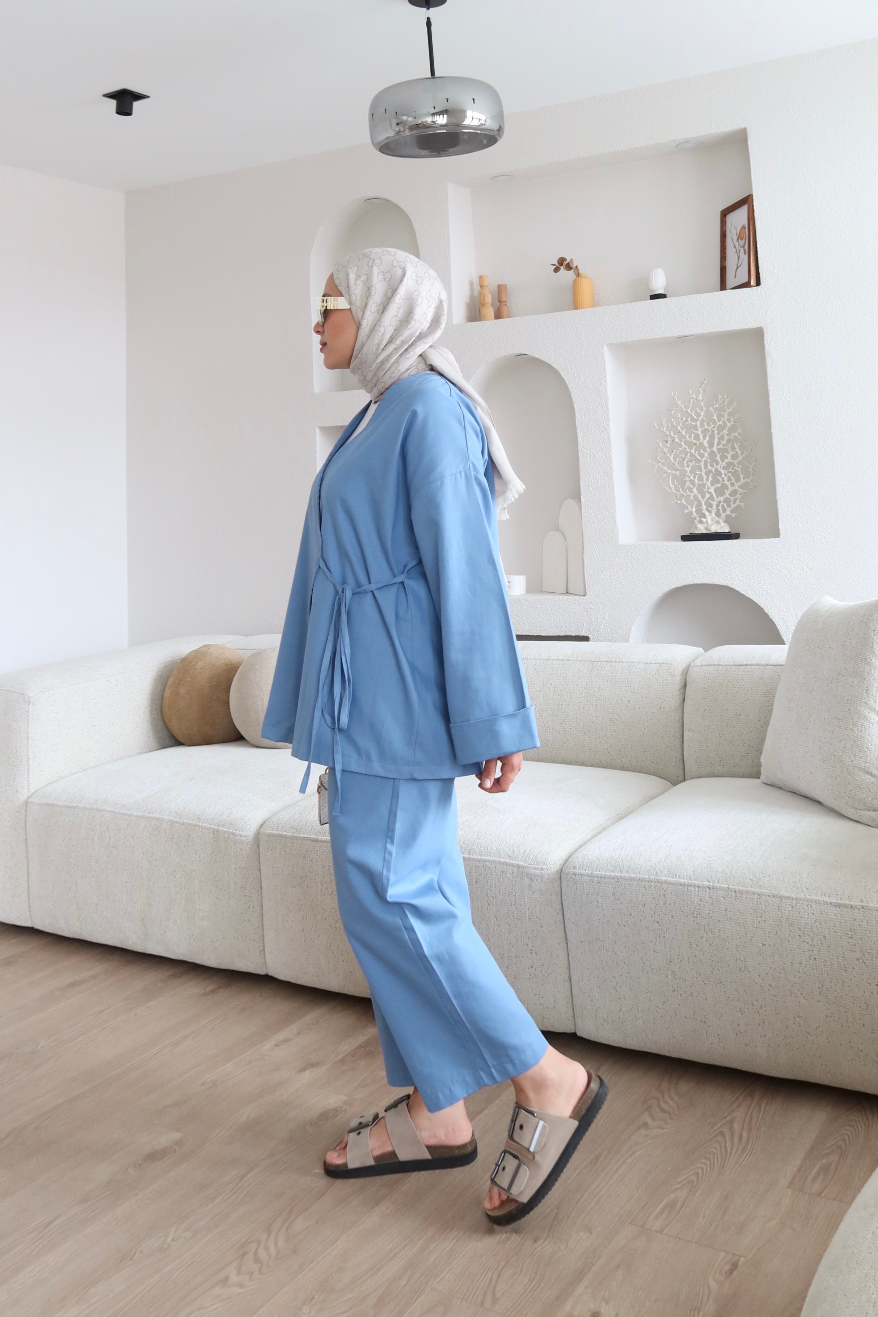 Bağlama Detaylı Kimono Takım Mavi