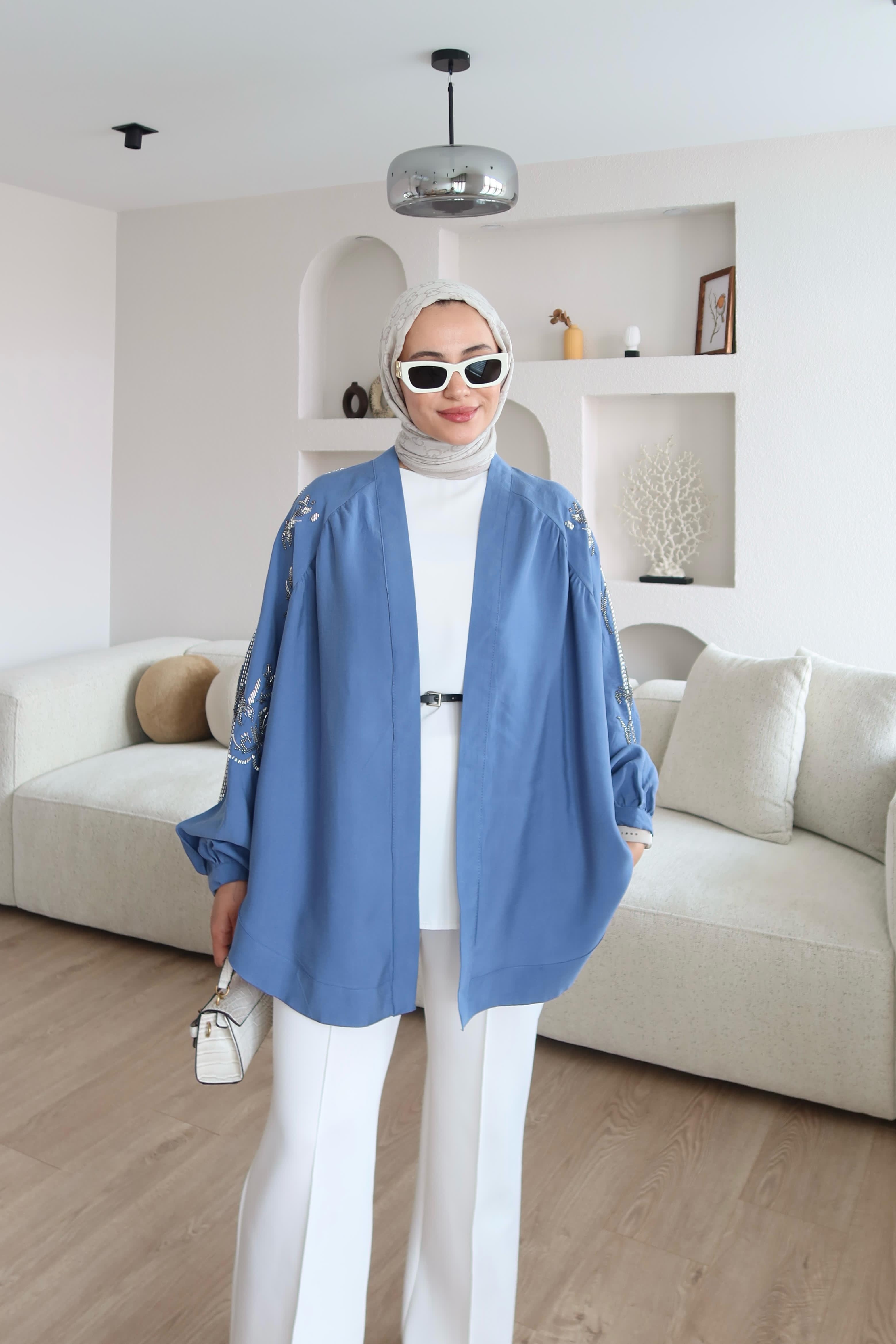 Premium Tencel Kumaş İşlemeli Kimono Mavi  image