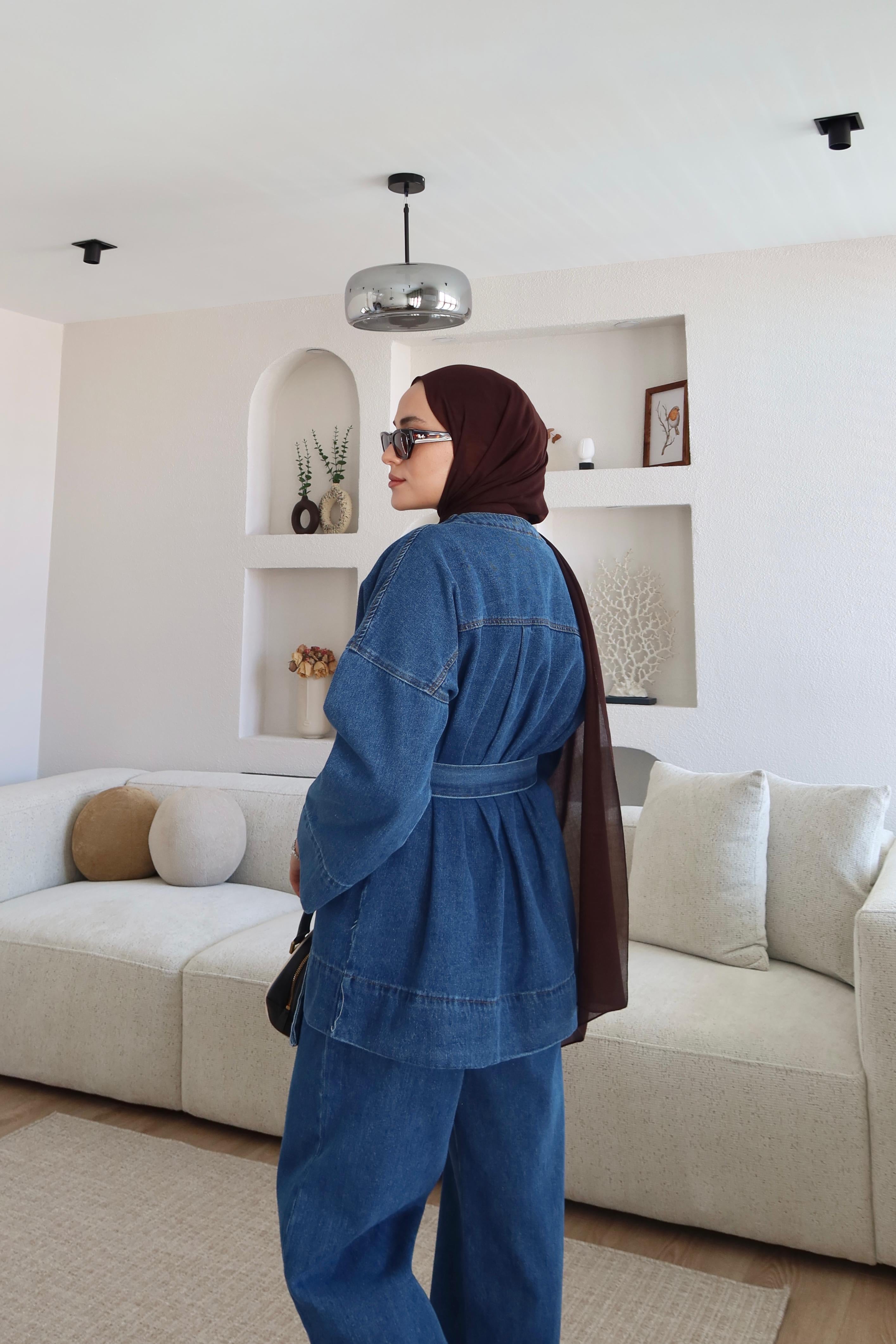 Kemerli Denim Takım Mavi 