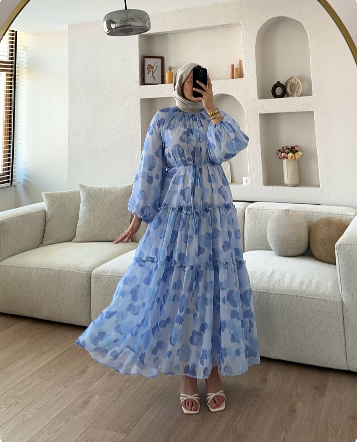 Ebruli Desen Şifon Elbise Mavi 
