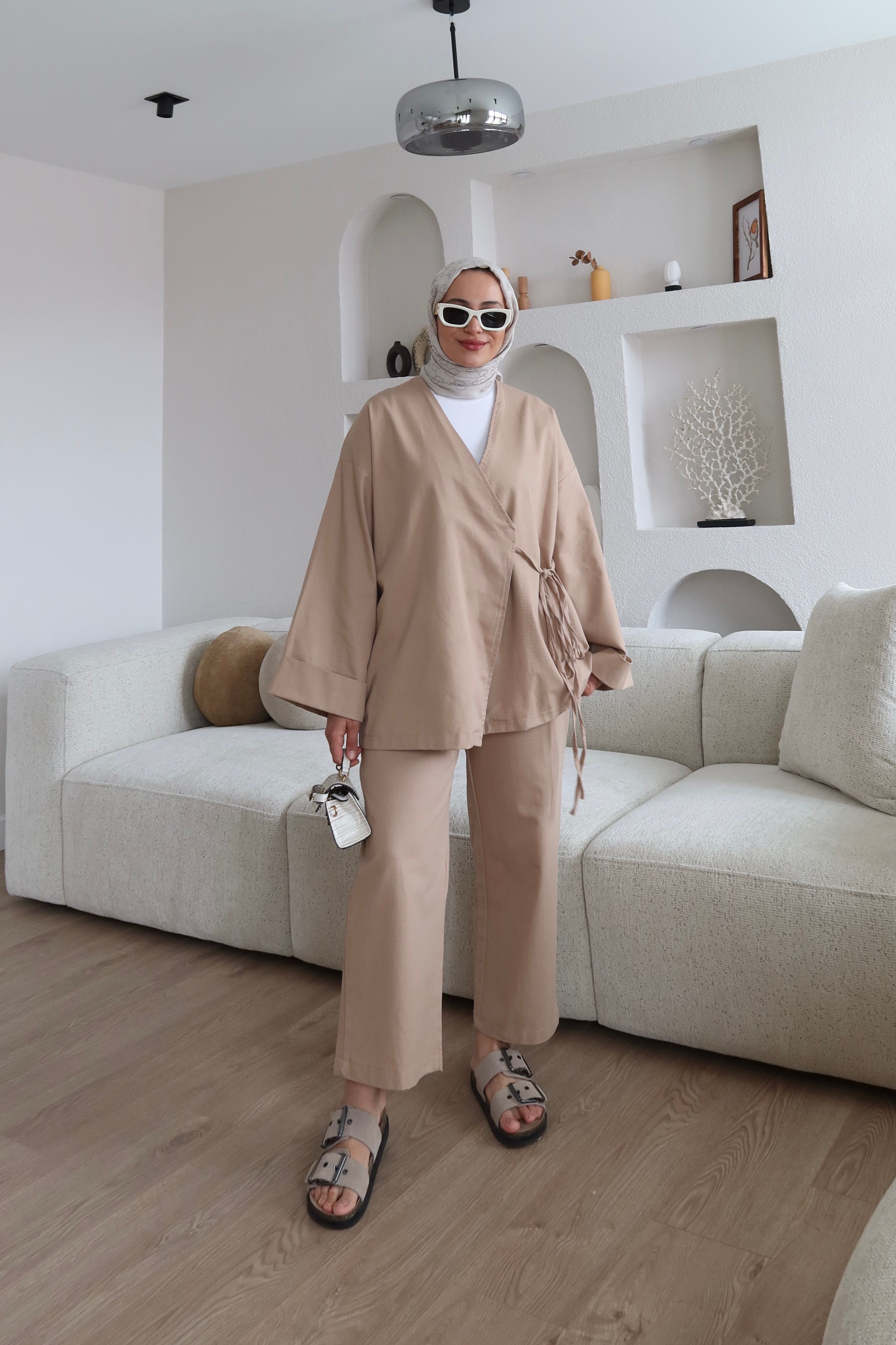 Bağlama Detaylı Kimono Takım Kahve