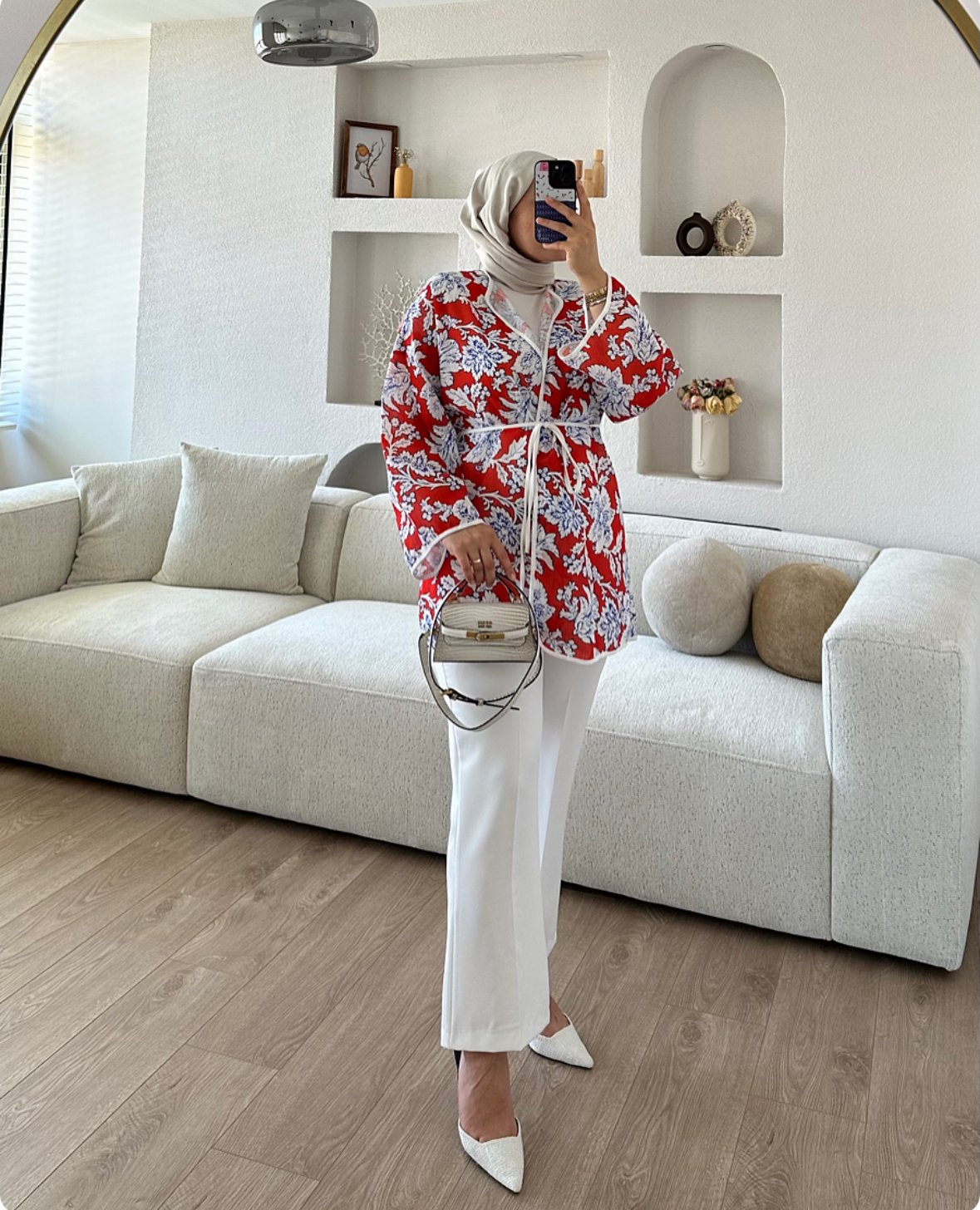 Kemerli Kimono Nar Çiçeği X Beyaz Pantolon Kombin İndirimi