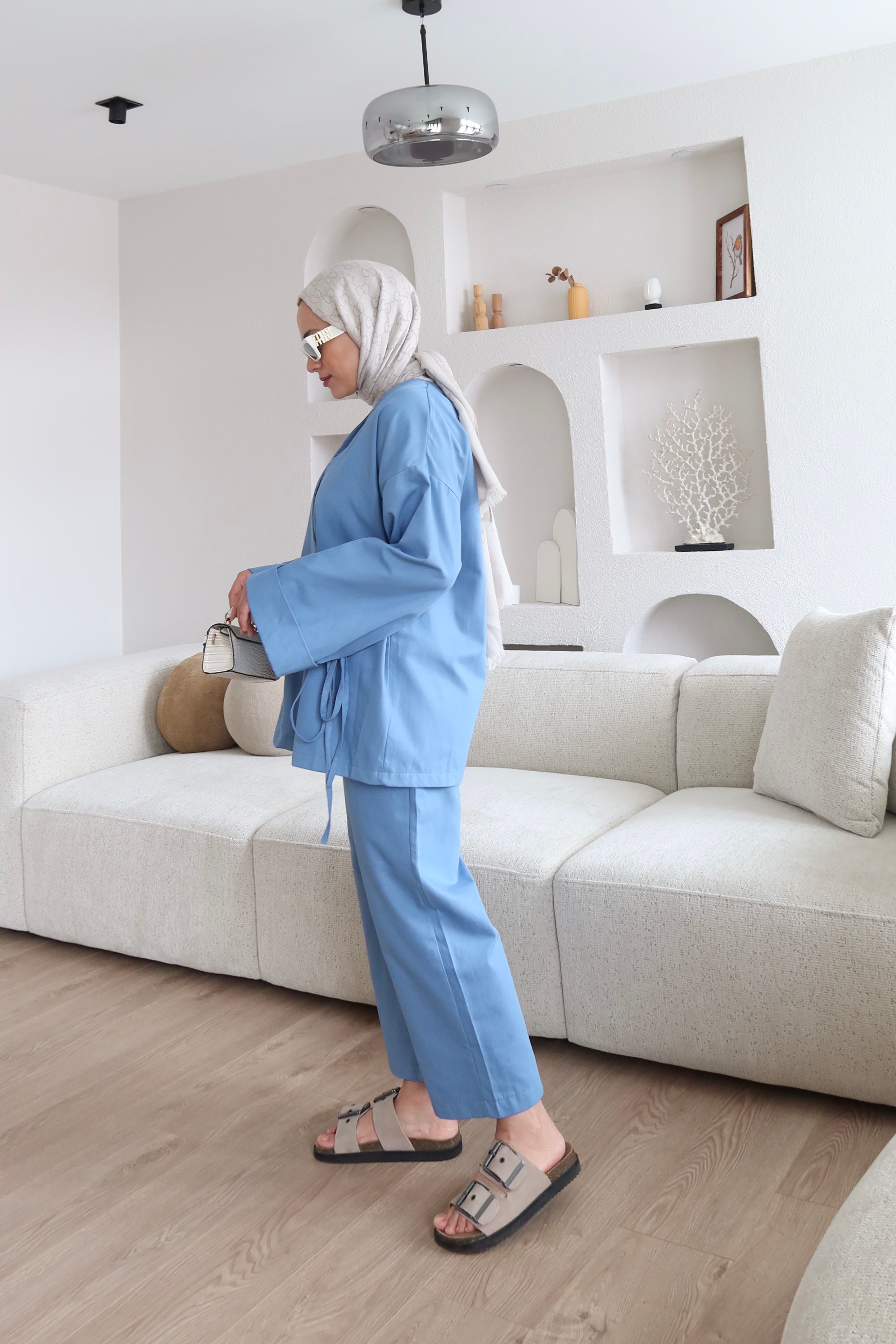Bağlama Detaylı Kimono Takım Mavi