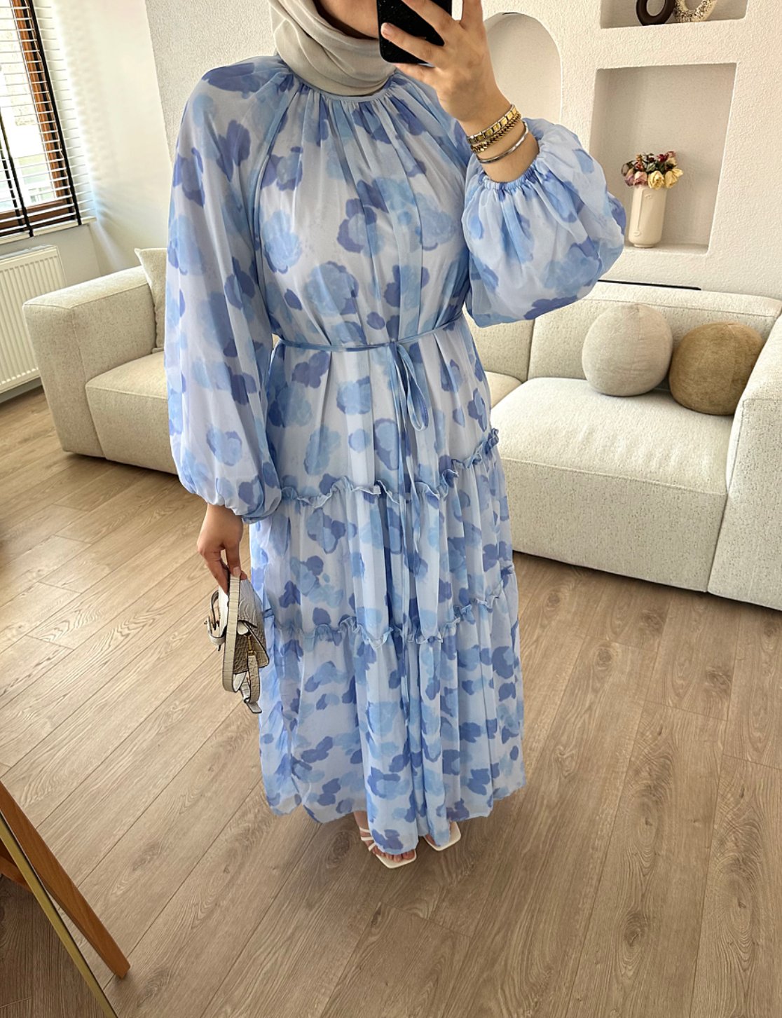 Ebruli Desen Şifon Elbise Mavi 