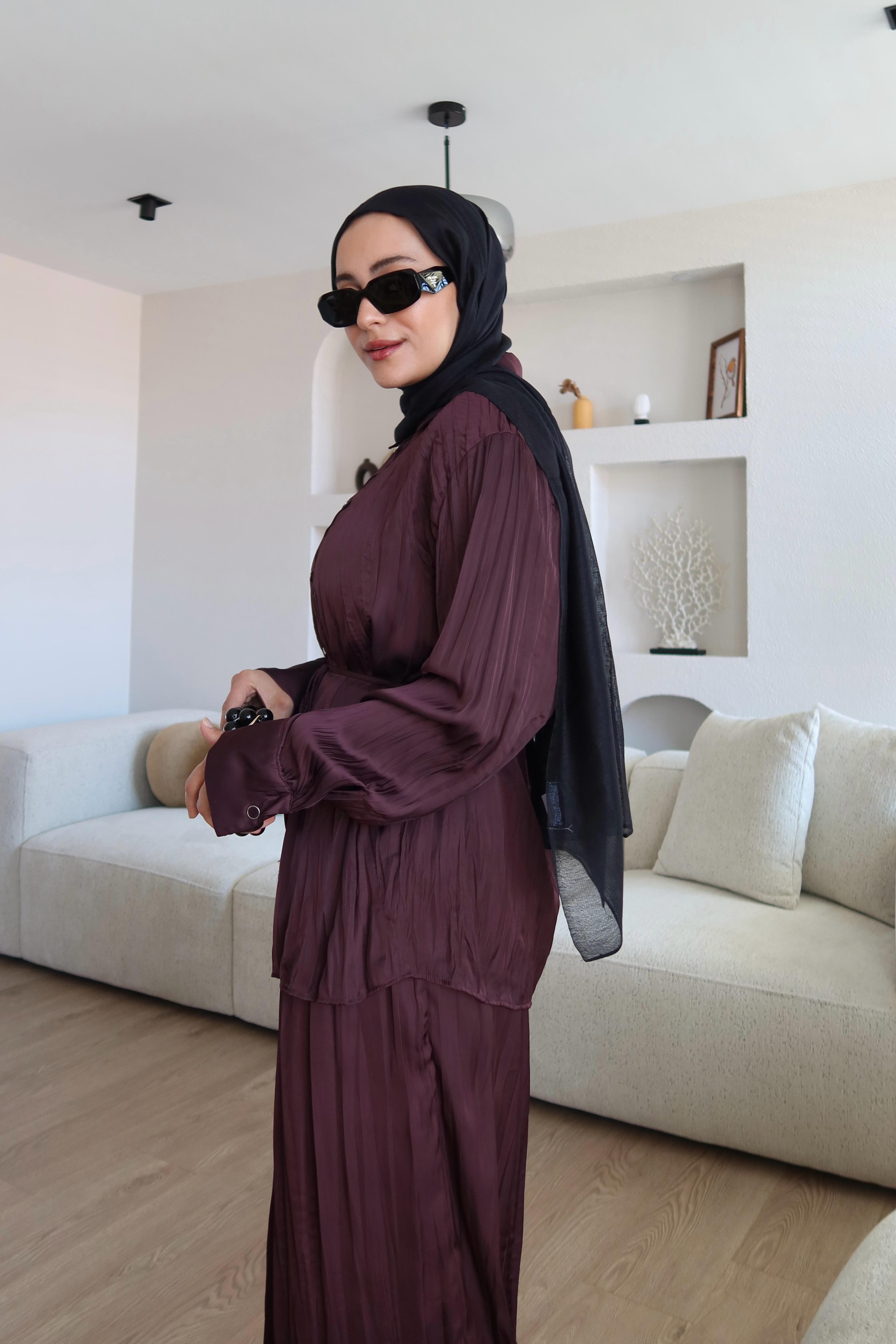 Premium Crush Saten Kumaş Bordo Takım