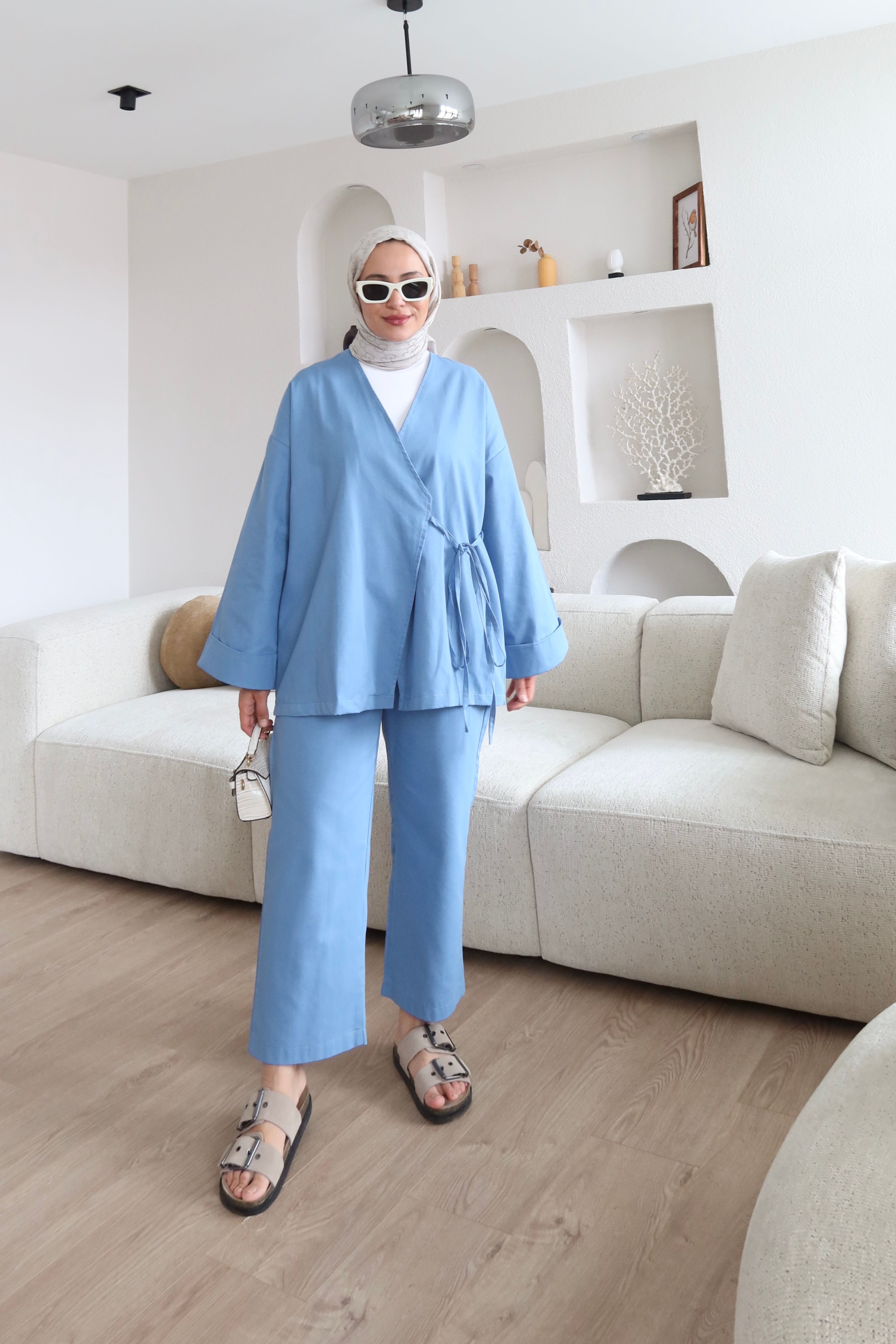 Bağlama Detaylı Kimono Takım Mavi