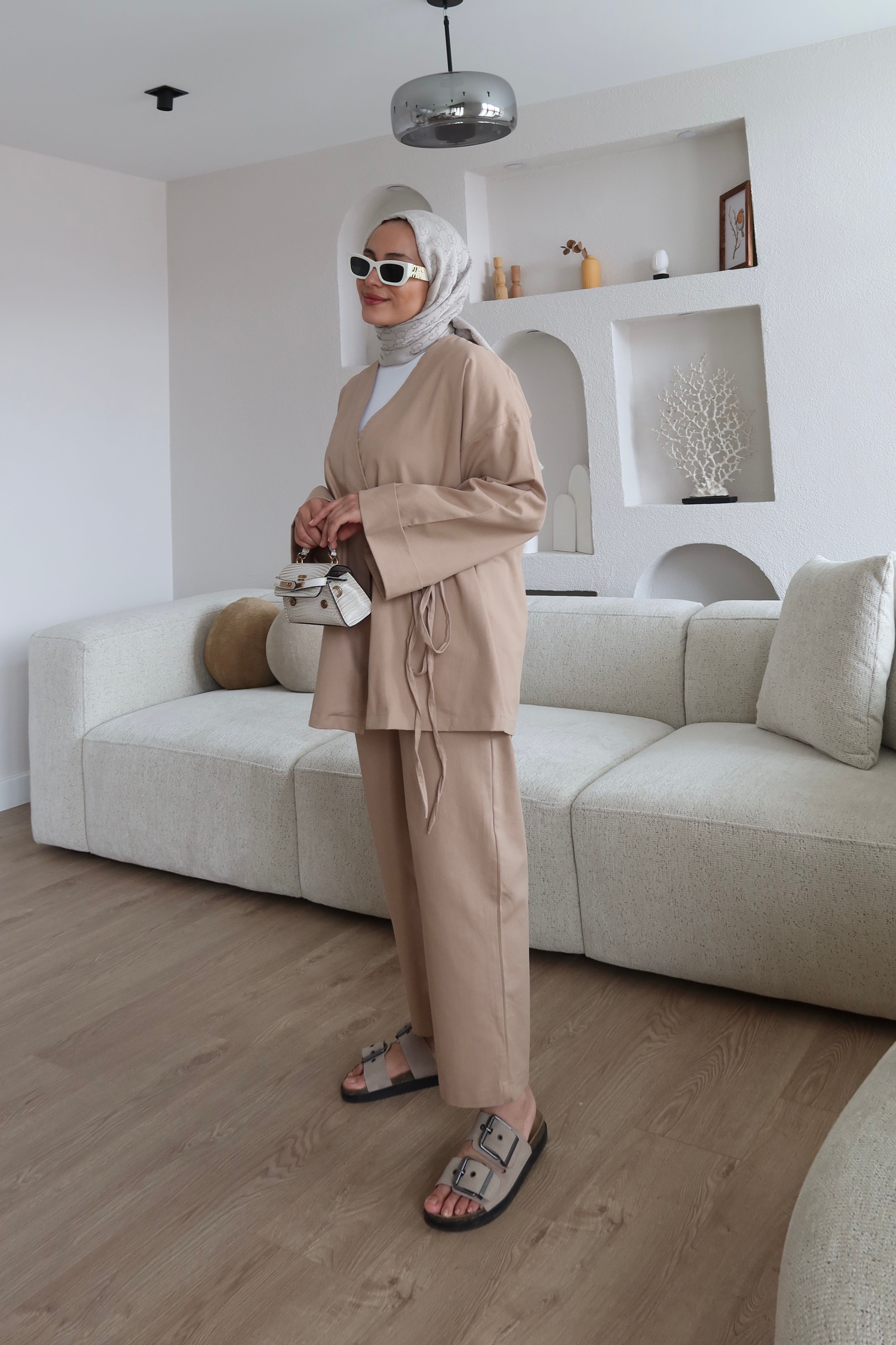 Bağlama Detaylı Kimono Takım Kahve
