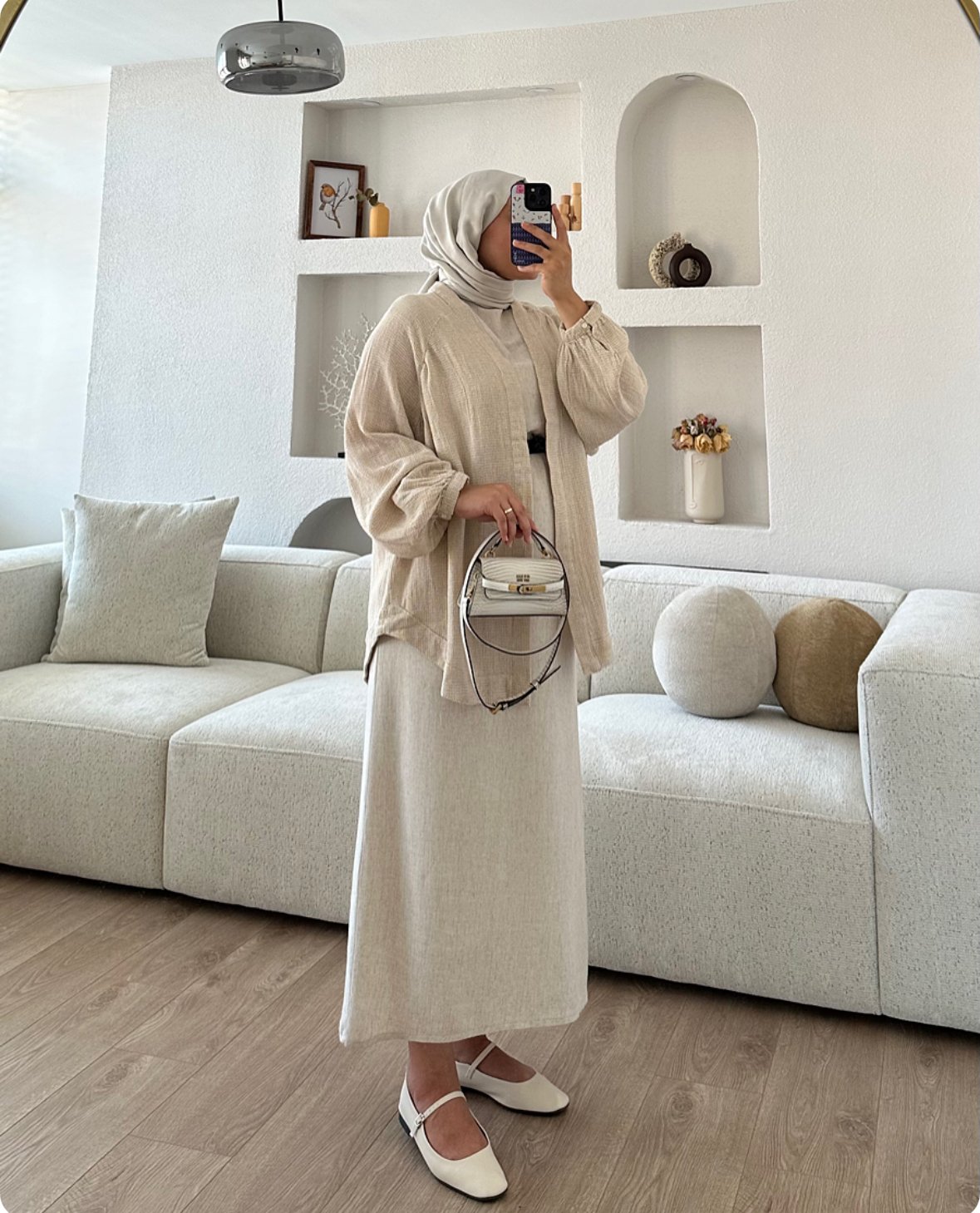 Natural Kimono Bej X Dökümlü Keten Jile Taş Kombin İndirimi