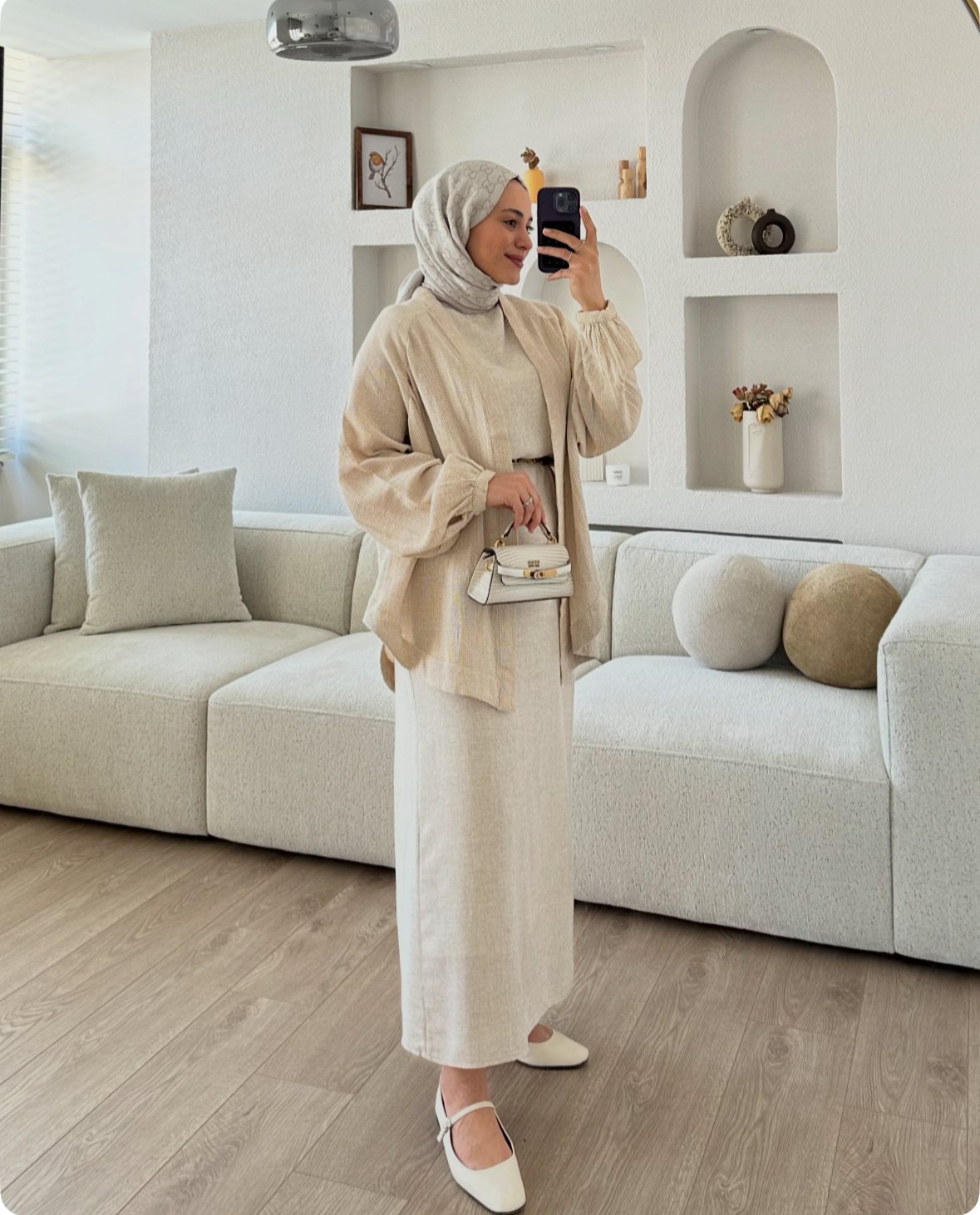 Natural Kimono Bej X Dökümlü Keten Jile Taş Kombin İndirimi