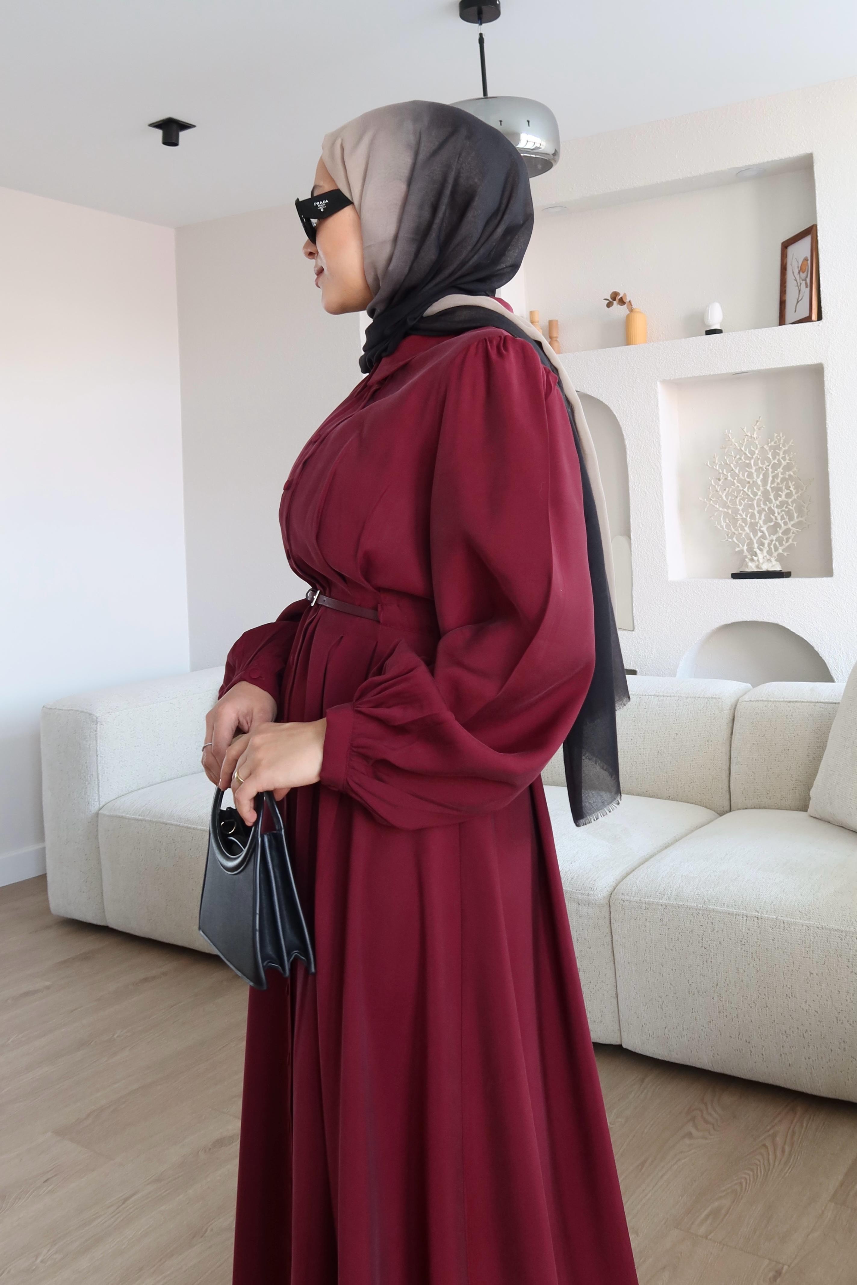 Premium Kumaş Kemerli Elbise Bordo