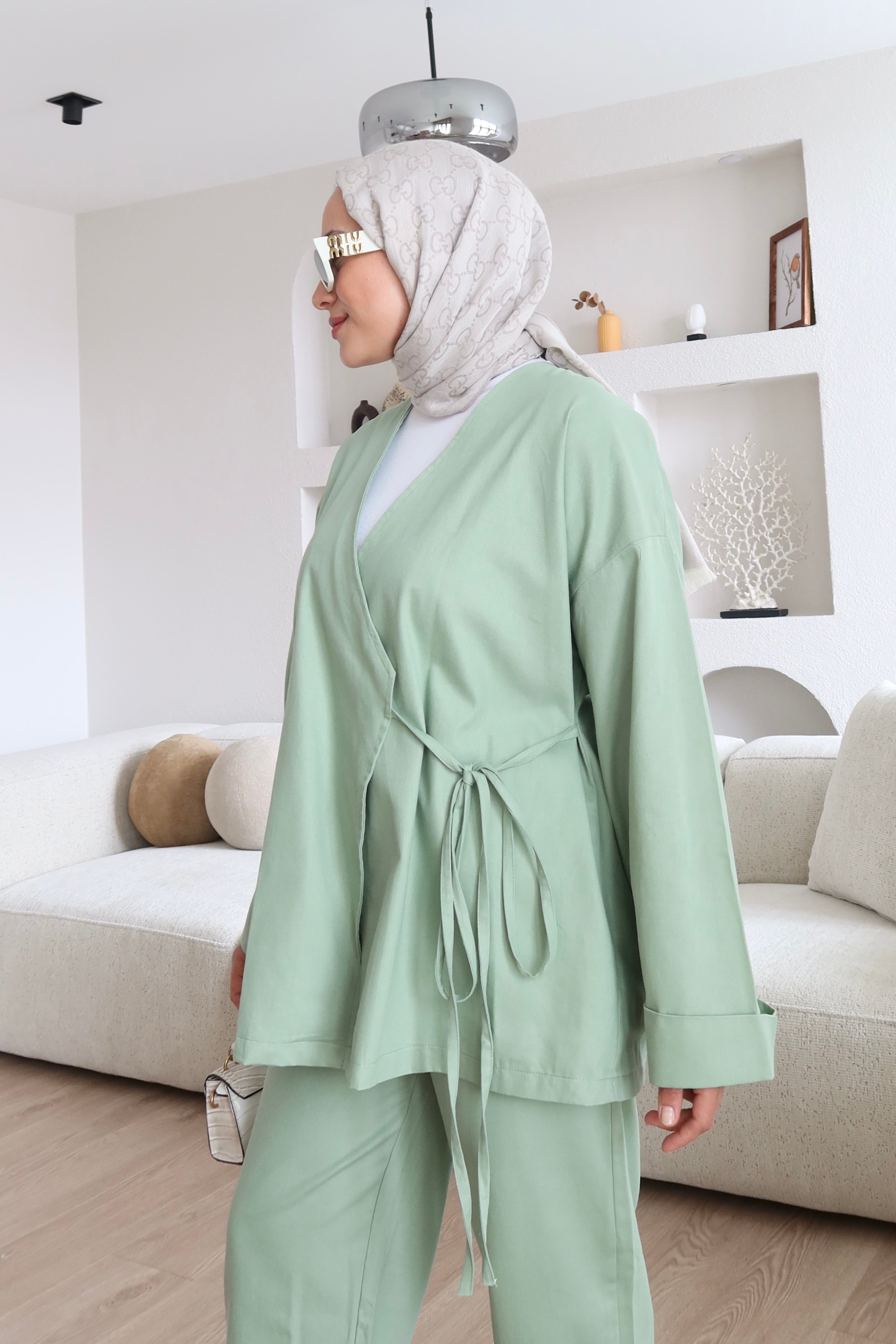 Bağlama Detaylı Kimono Takım Çağla Yeşili
