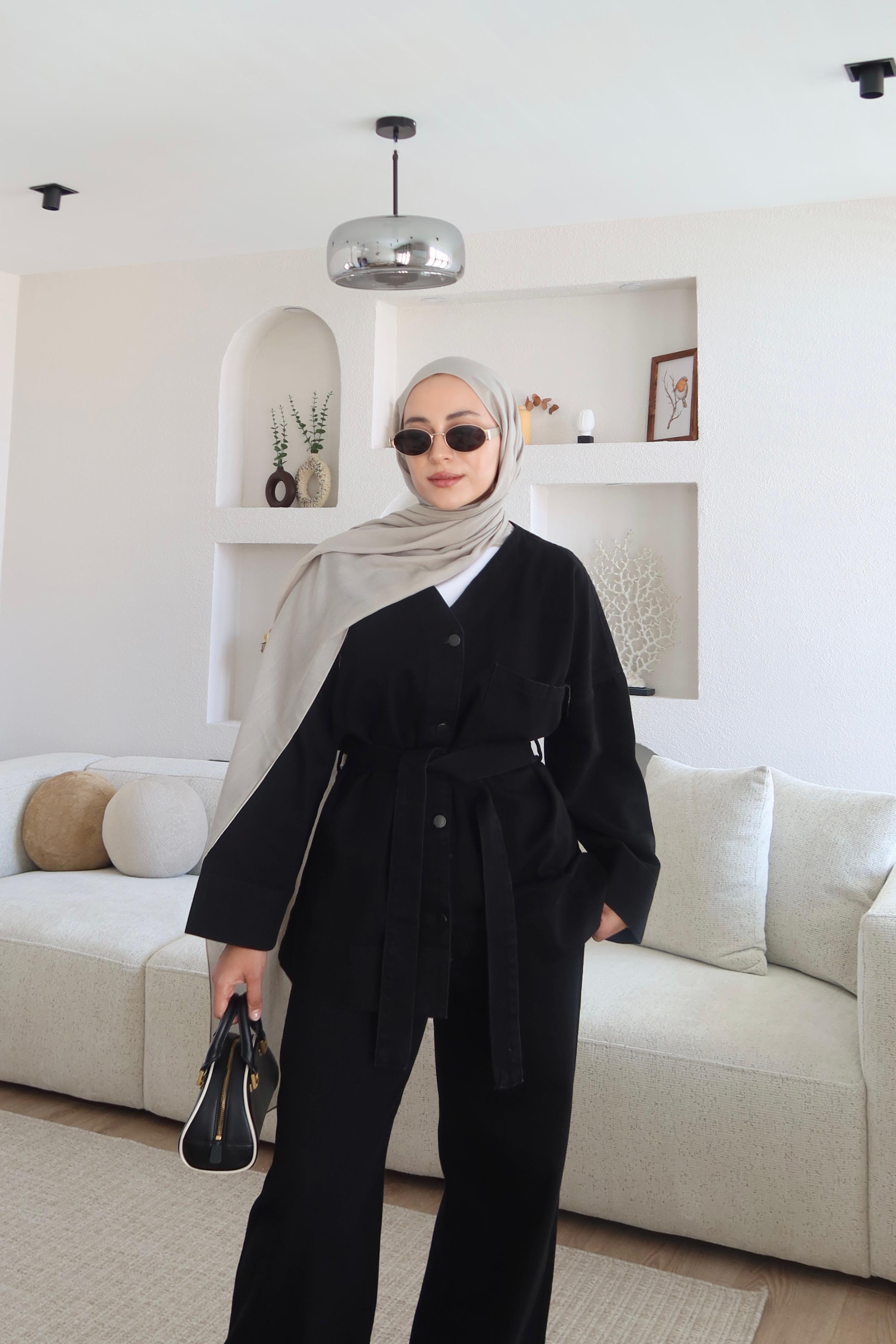 Kemerli Denim Takım Siyahh
