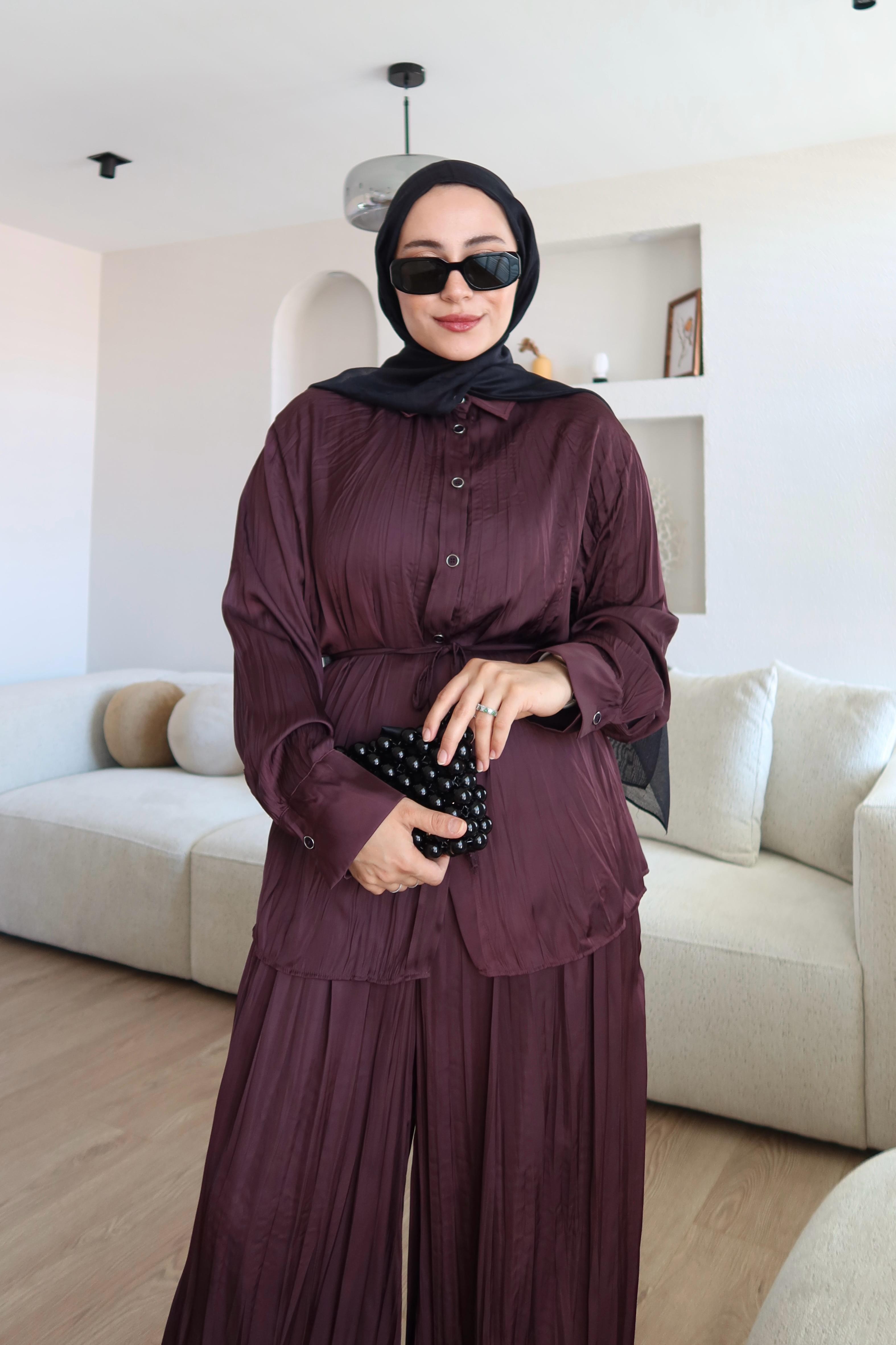 Premium Crush Saten Kumaş Bordo Takım