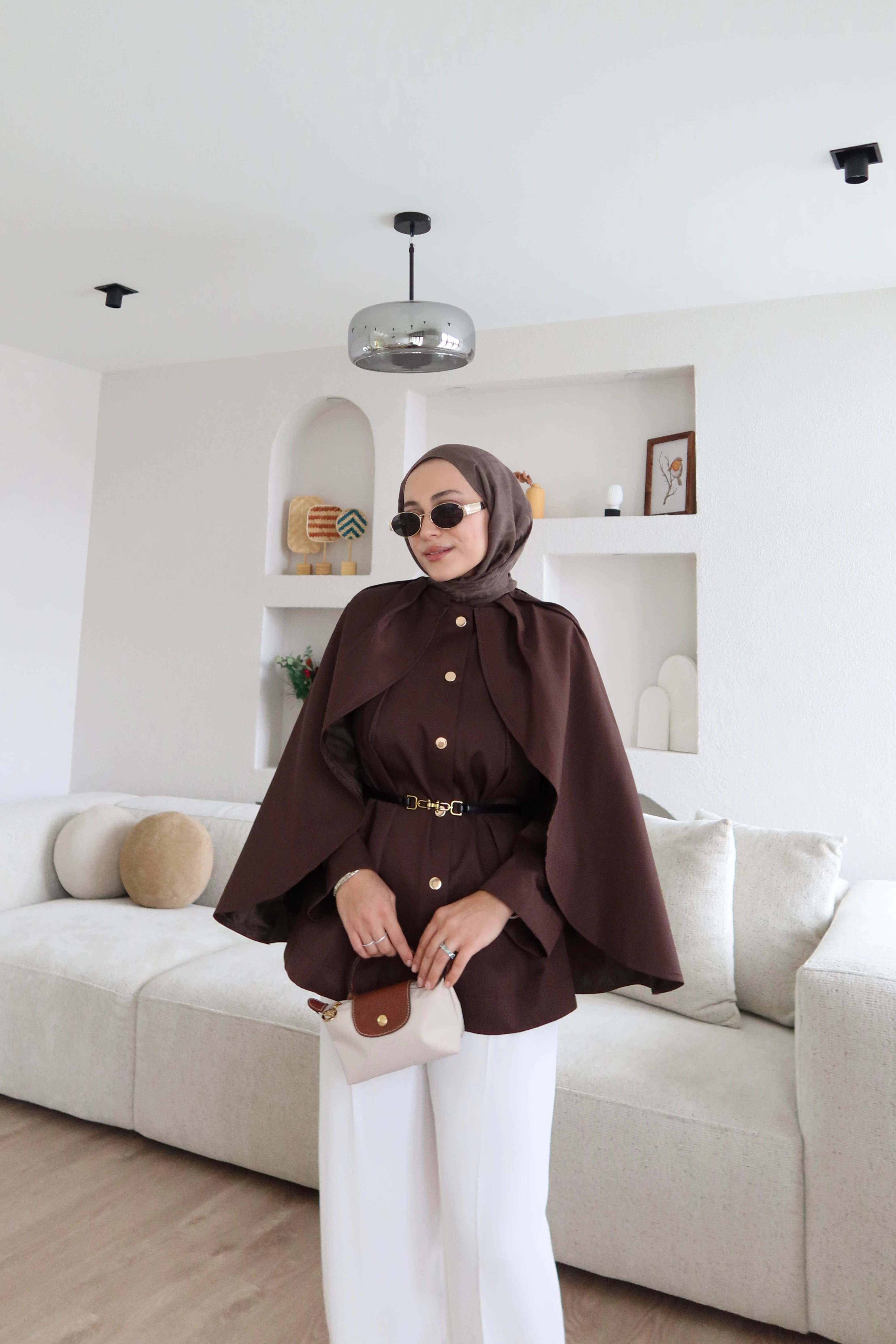 Gabardine Fabric Short Trench Coat with Cape – Brown