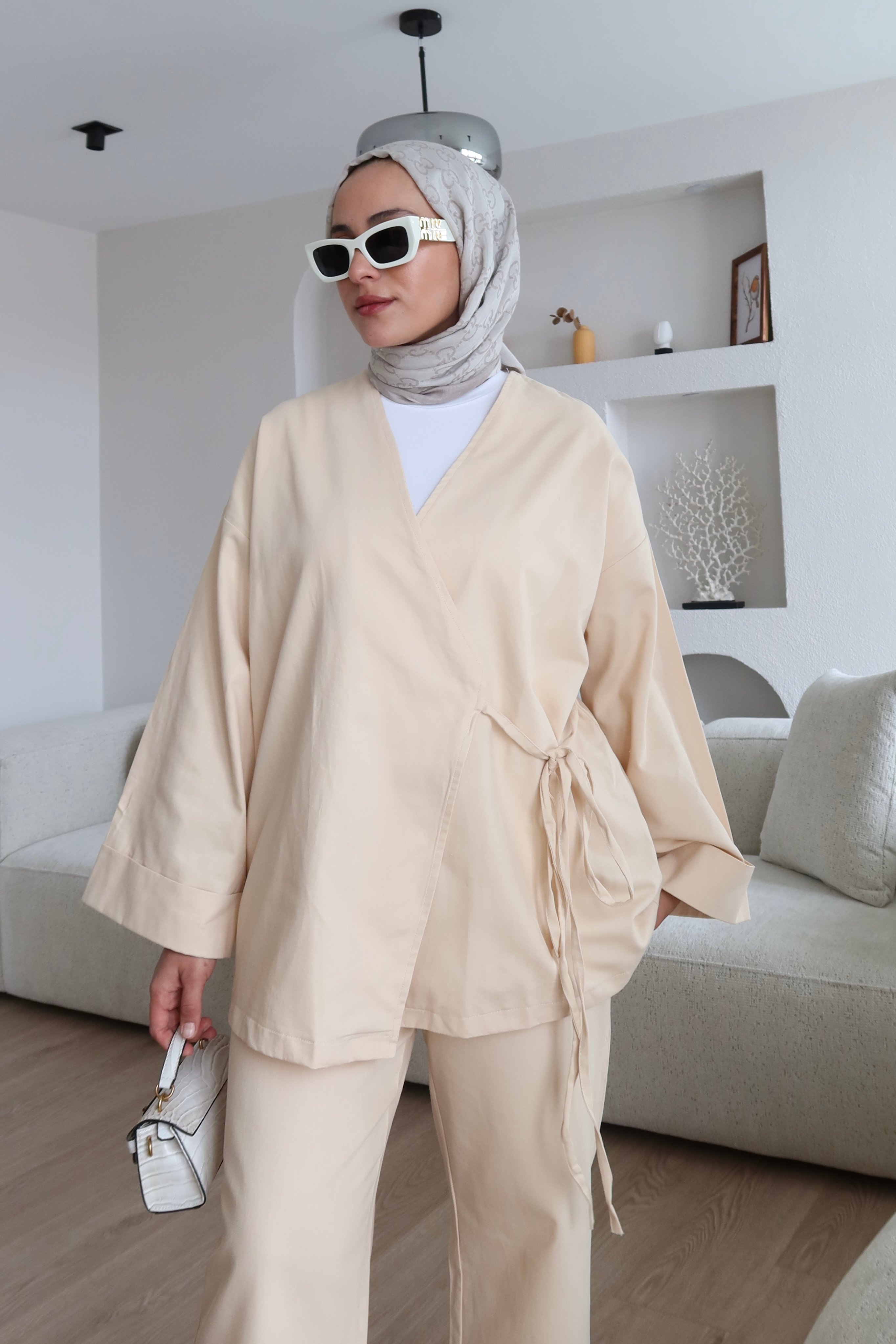 Bağlama Detaylı Kimono Takım Taş
