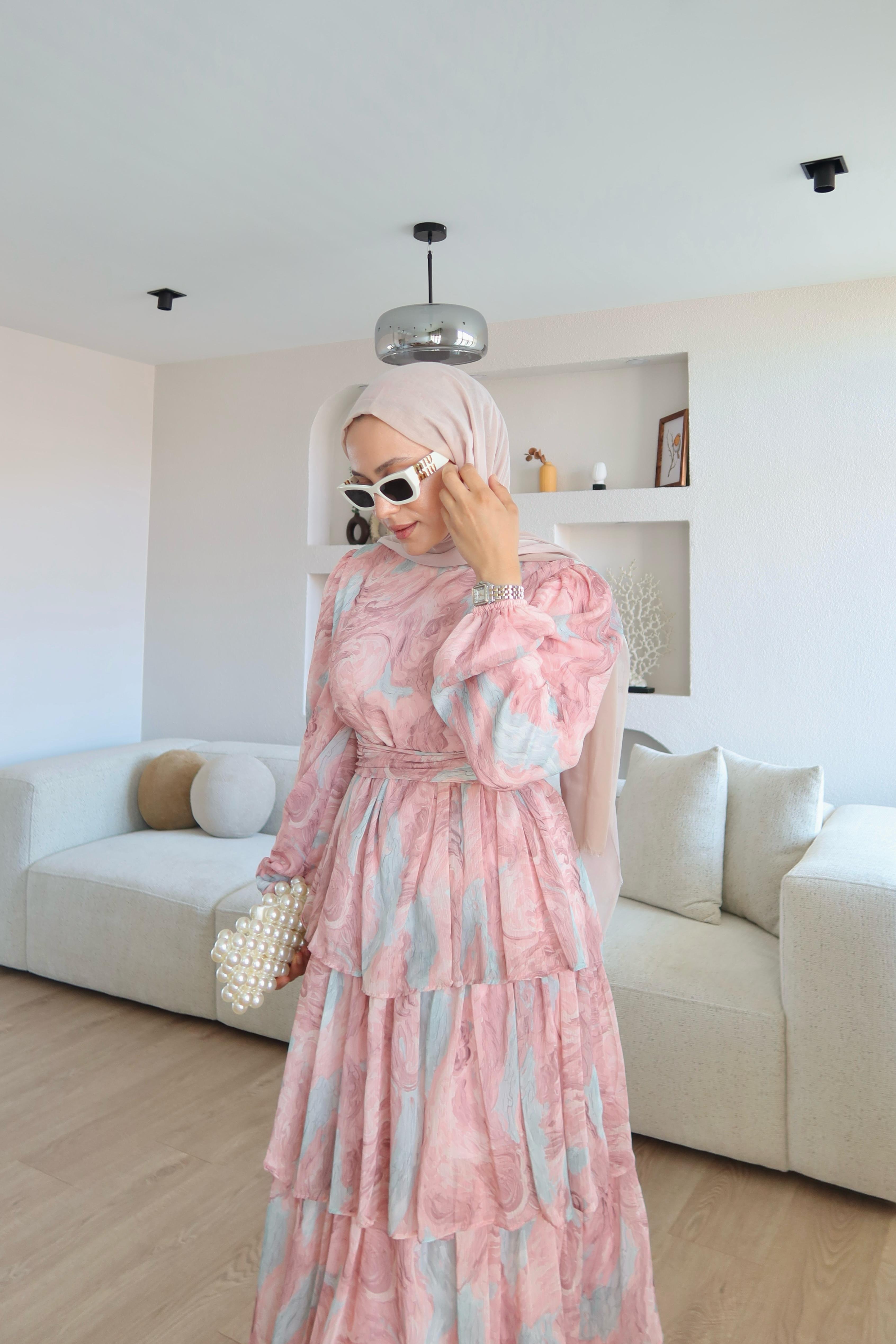 Eliora Katlı Fırfırlı Desenli Şifon Elbise Pembe