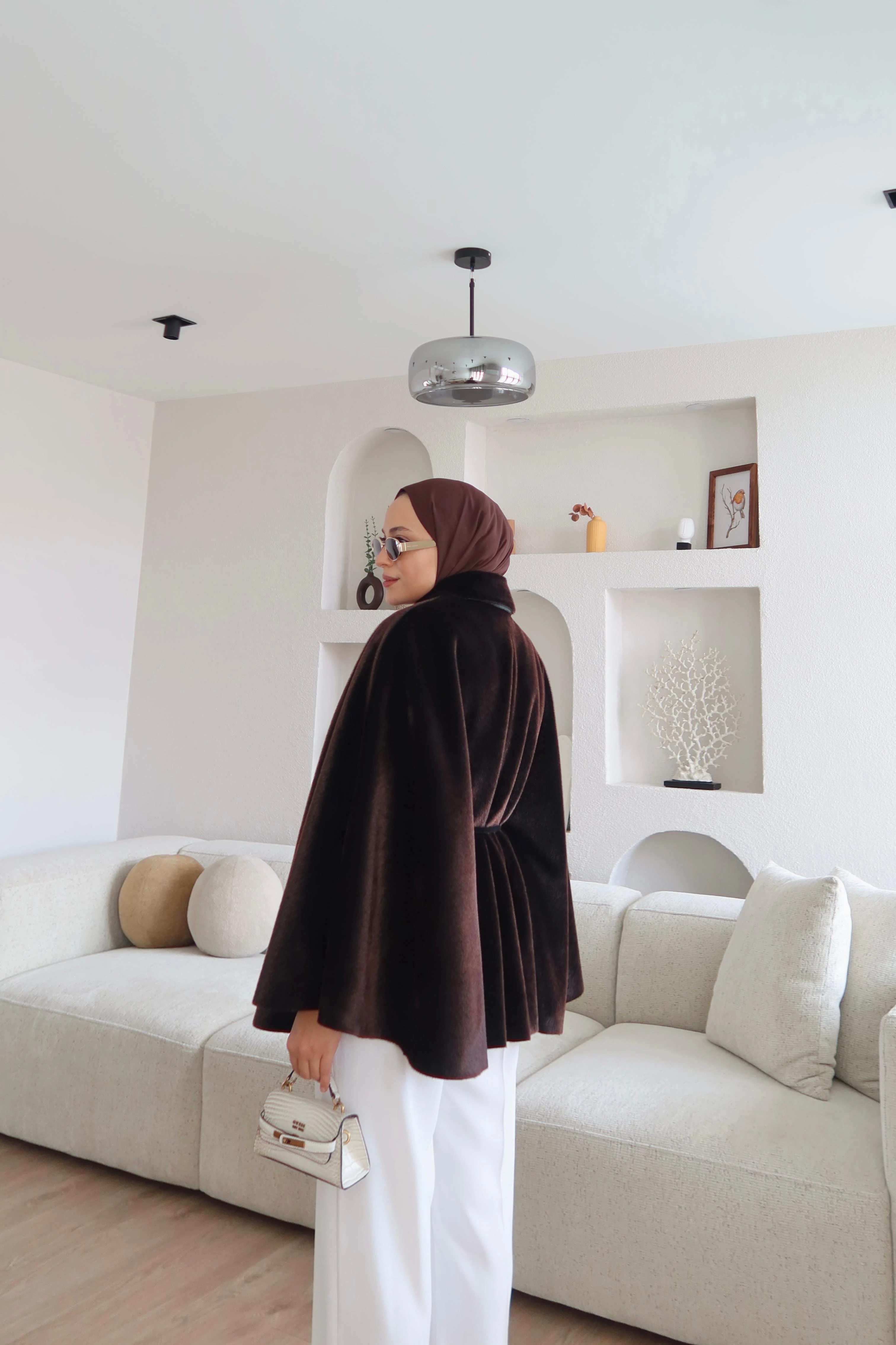 Süet Kemer Detaylı Pelerin Kaban Kahve 