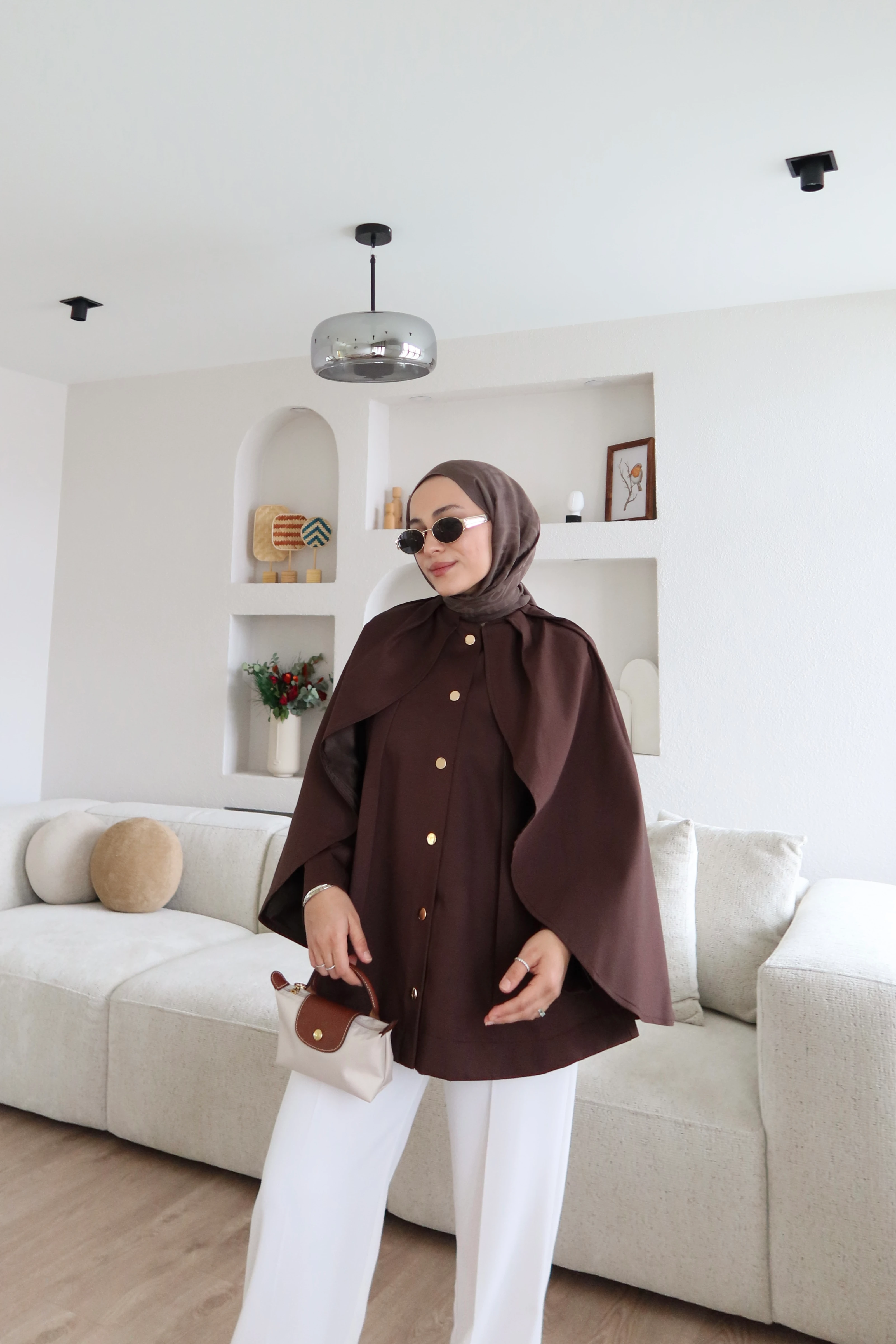 Gabardine Fabric Short Trench Coat with Cape – Brown