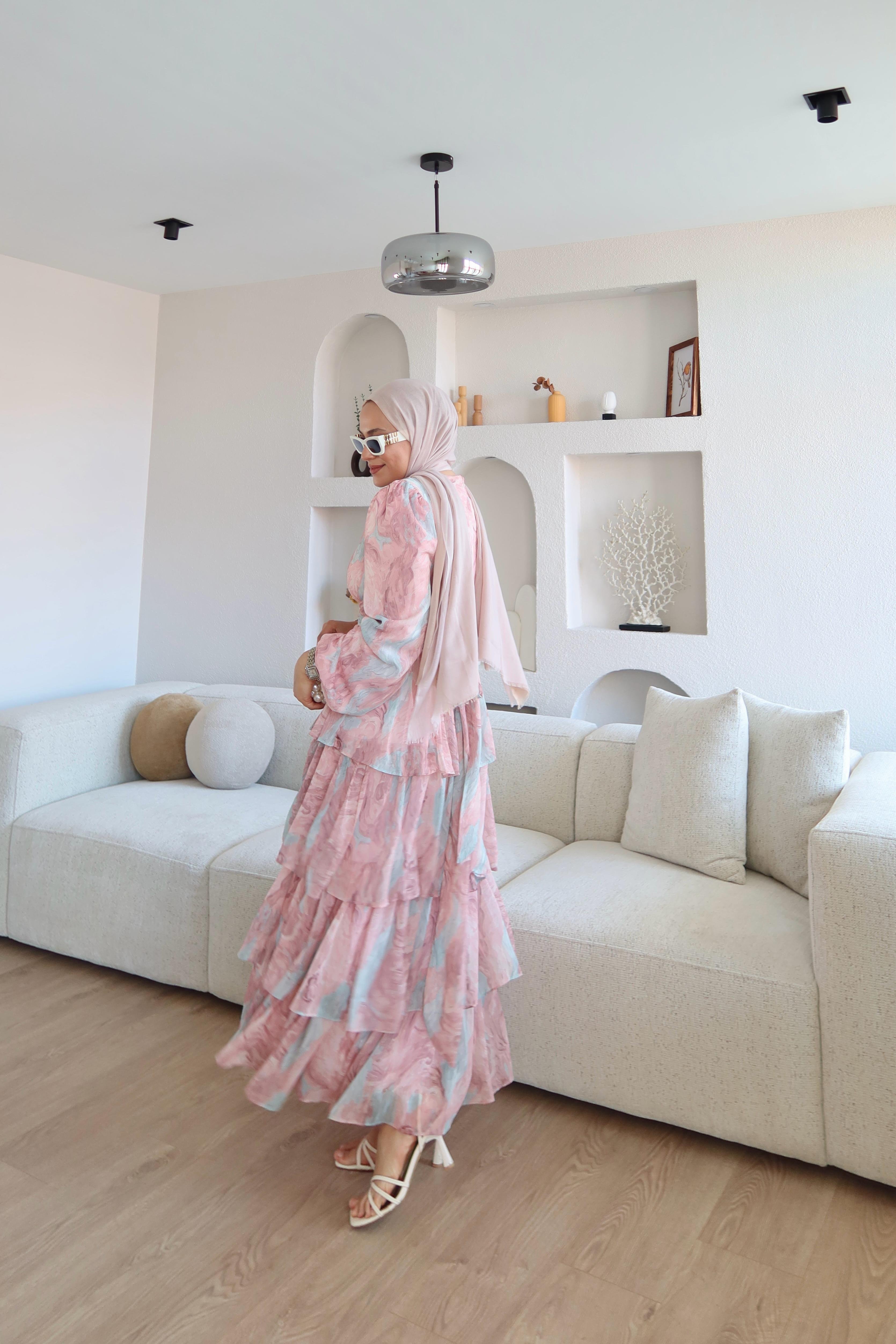 Eliora Katlı Fırfırlı Desenli Şifon Elbise Pembe