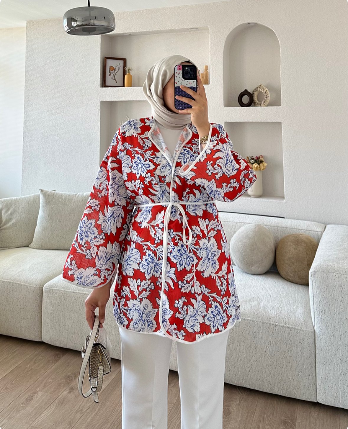 Kemerli Kimono Nar Çiçeği X Beyaz Pantolon Kombin İndirimi