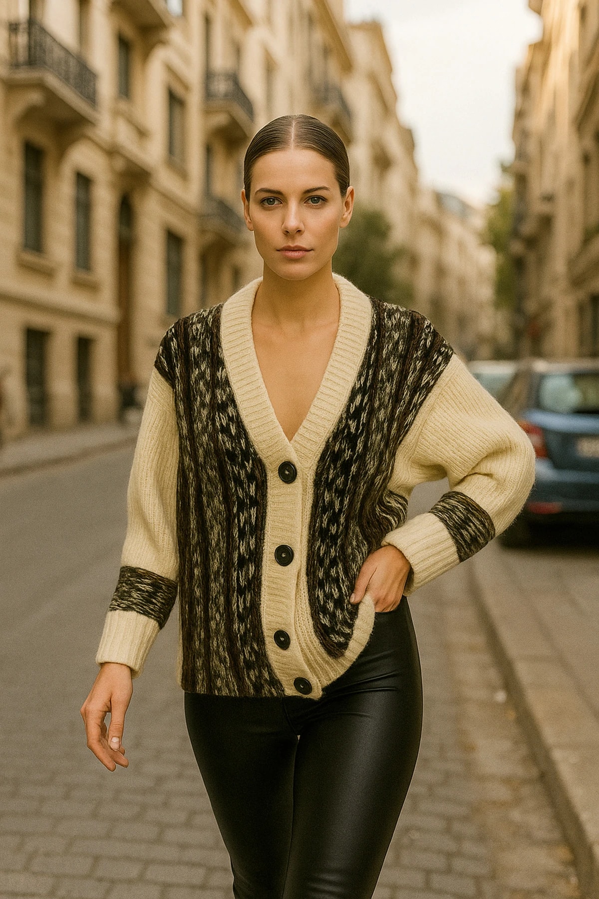 Verona V Yaka Geometrik Örgü desen Önden Düğmeli Hırka