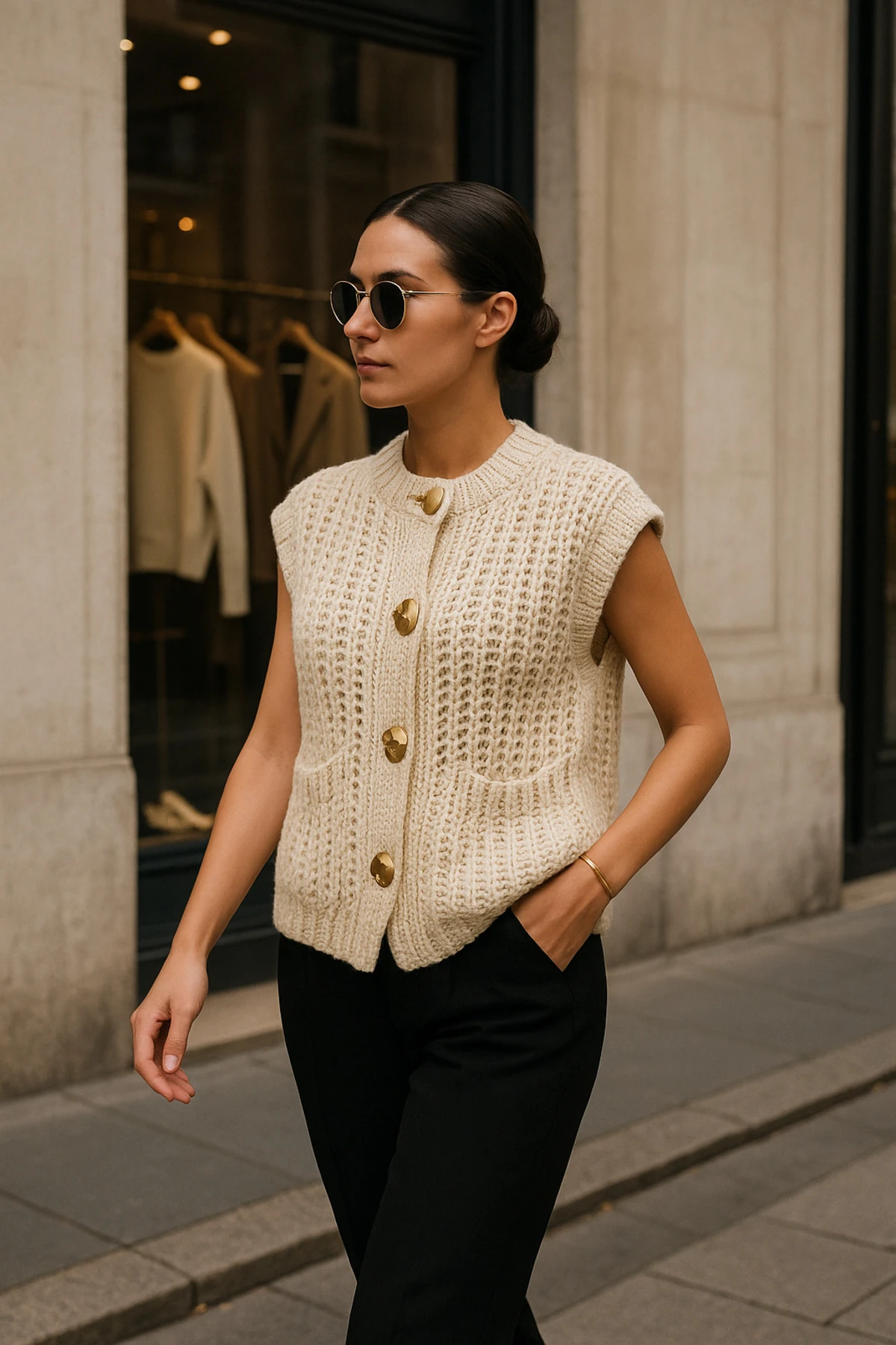 Premium Düğme Detaylı Selanik Örgü Yelek