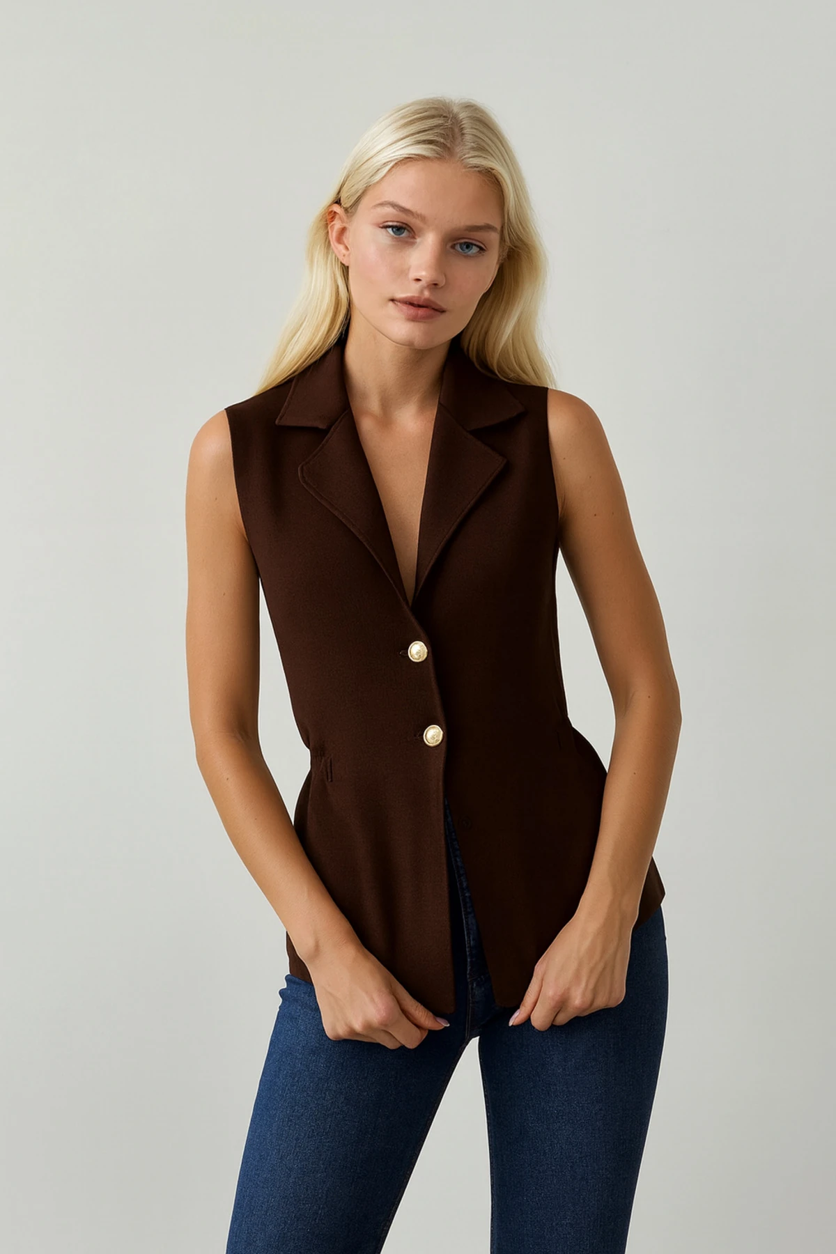 Lapel Yaka Düğmeli Triko Sıfır Kol Yelek