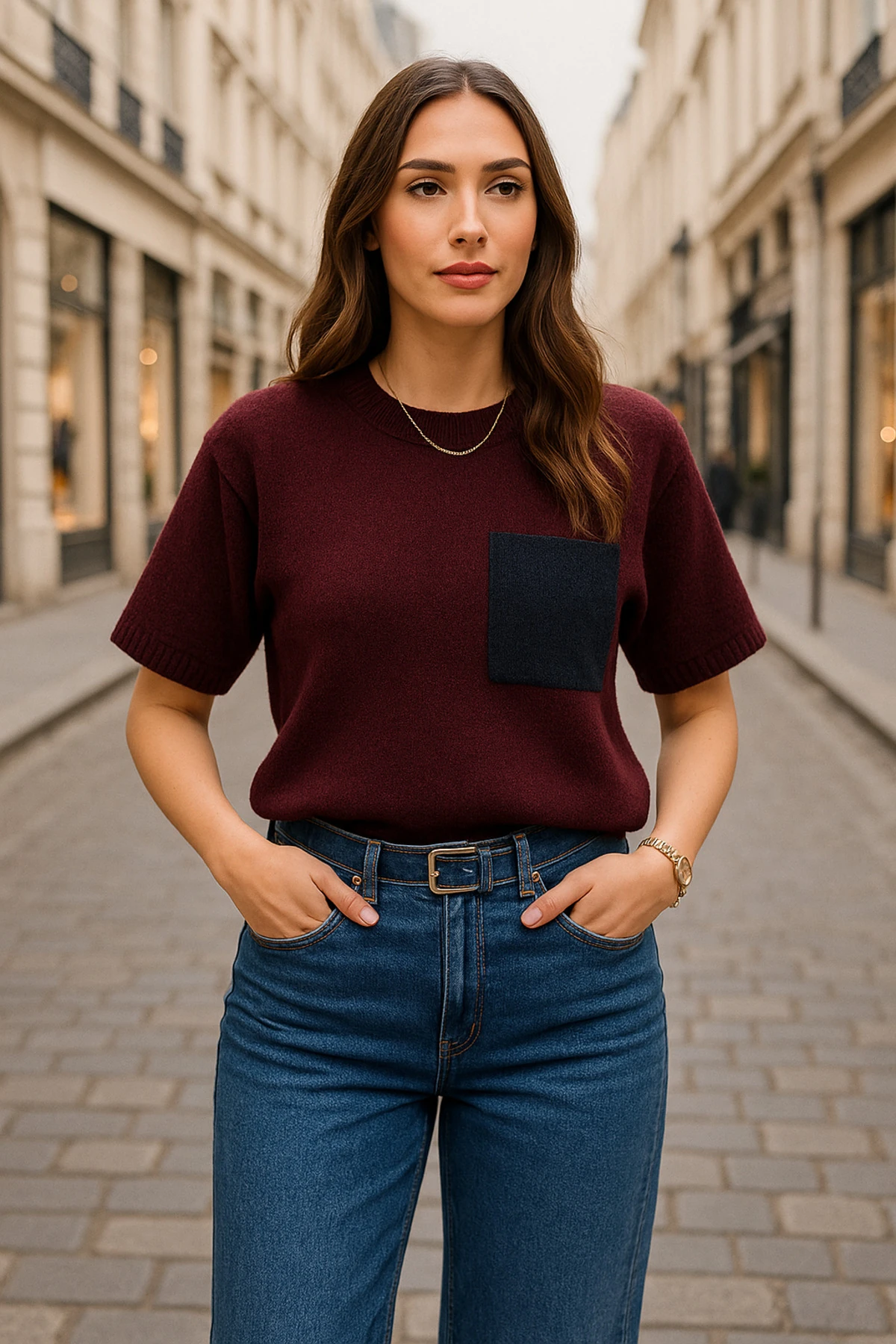 Bisiklet Yaka Cep Detaylı Kısa Kol Kazak