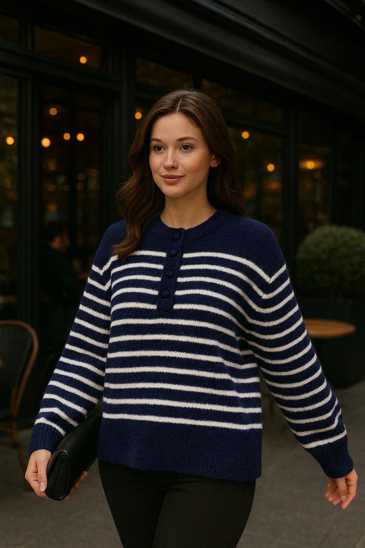 Premium Düğme Detaylı Çizgili Kazak